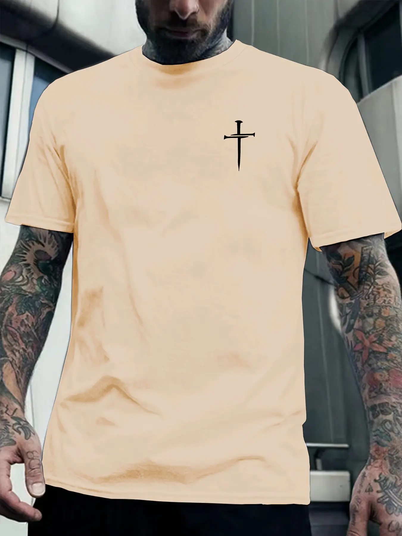 Men's Summer 100% Cotton Fashionable Casual Loose Large Size Faith Cross Printed Round Neck Short Sleeve T-shirt Top