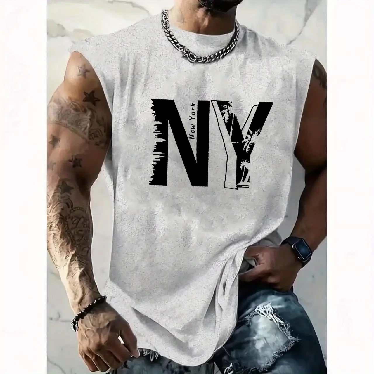 Men's Summer Leisure Sports Fitness Loose New York NY Printed Comfortable Breathable Round Neck Sleeveless Tank Top