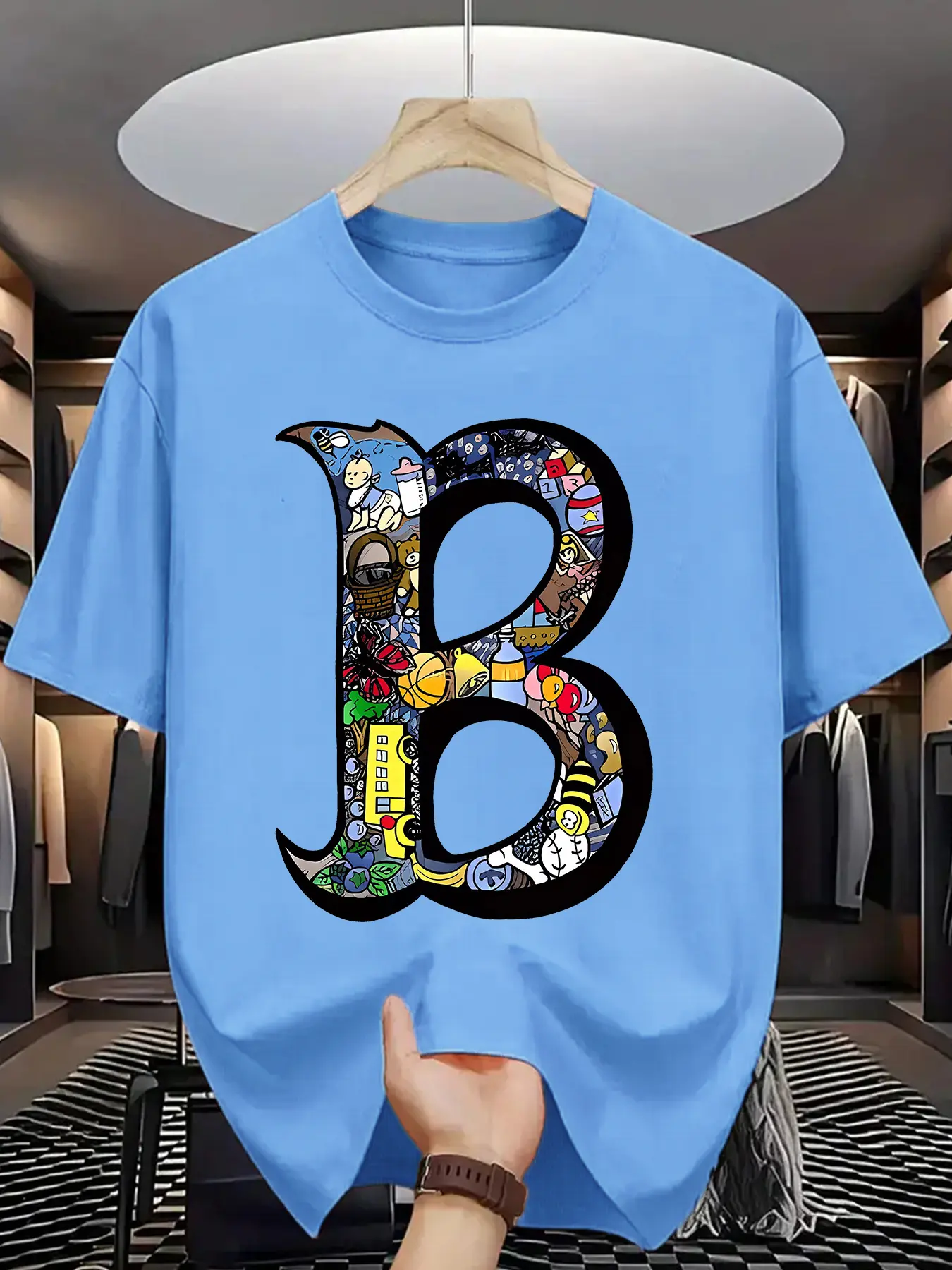 Summer men's 100 cotton sports casual fashionable loose plus size creative B-letter printed round neck short sleeved T-shirt top