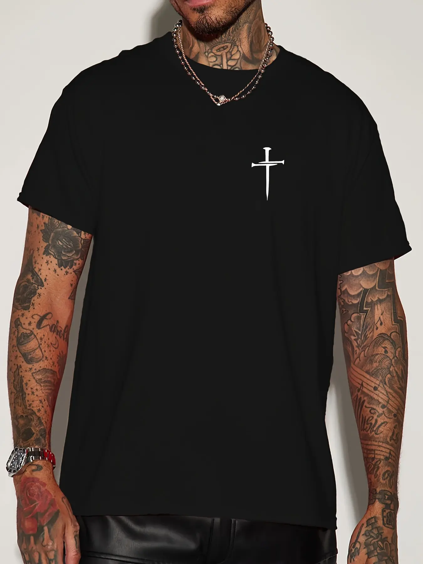 Men's Summer 100% Cotton Fashionable Casual Loose Large Size Faith Cross Printed Round Neck Short Sleeve T-shirt Top