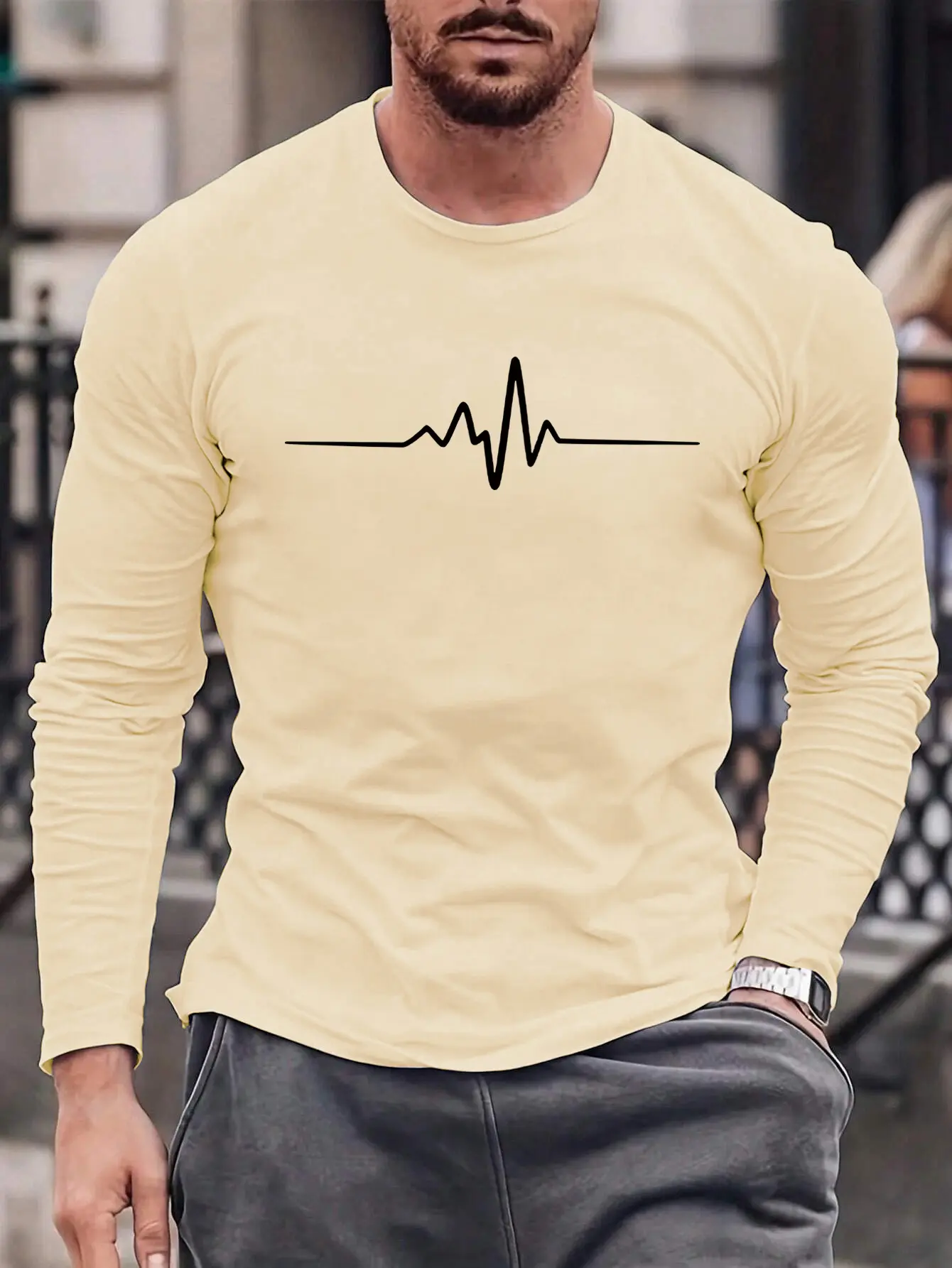 Men's 100% pure cotton summer loose comfortable casual print large round neck  long sleeve T-shirt top