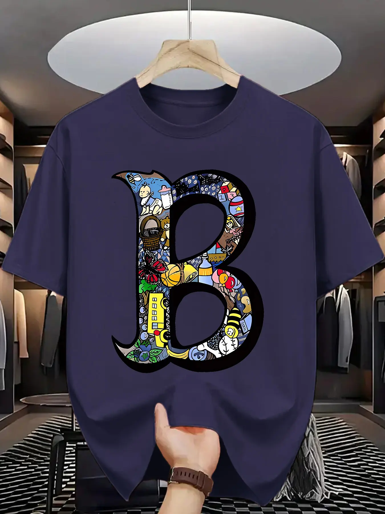 Summer men's 100 cotton sports casual fashionable loose plus size creative B-letter printed round neck short sleeved T-shirt top