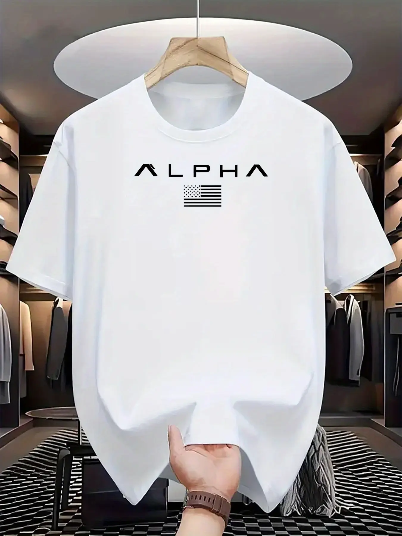 Men's summer 100% pure cotton fashionable casual sports loose ALPHA letter pattern printed round neck short sleeved T-shirt top