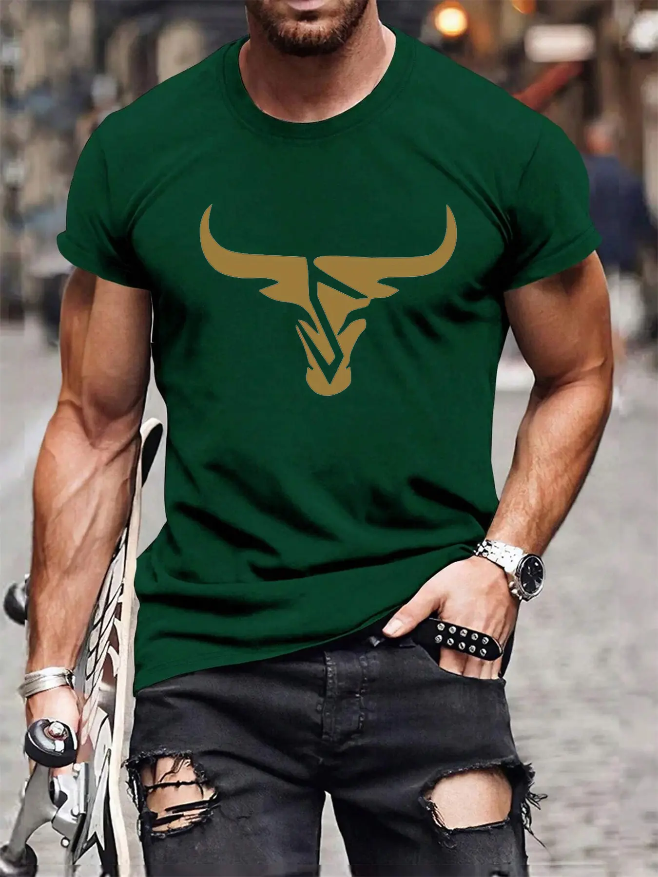 Summer men's 100% pure cotton casual loose fit plus size bull pattern printed comfortable round neck short sleeved T-shirt top