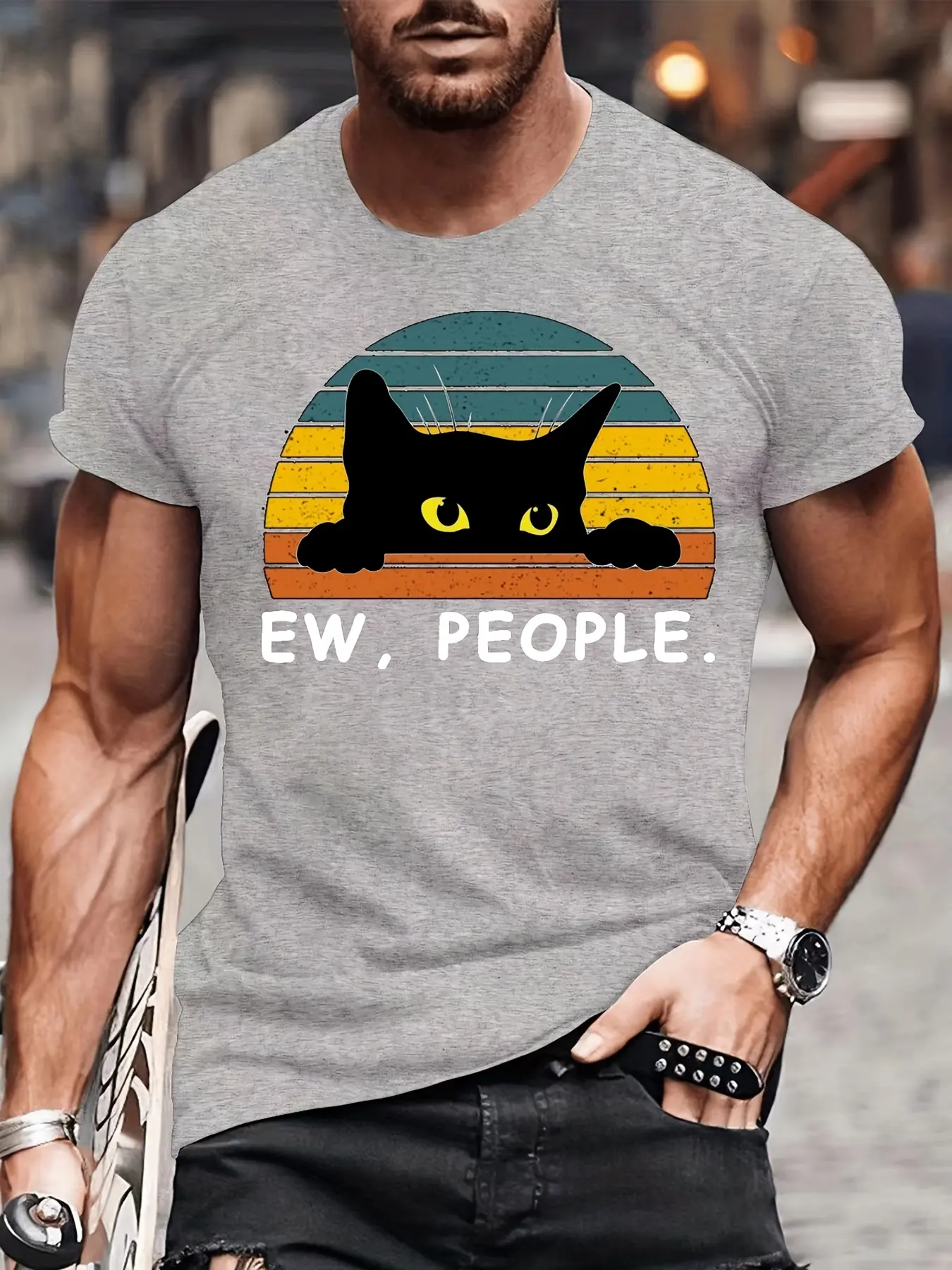 Men's summer 100% pure cotton fashionable casual loose black cat pattern printed round neck short sleeved T-shirt top