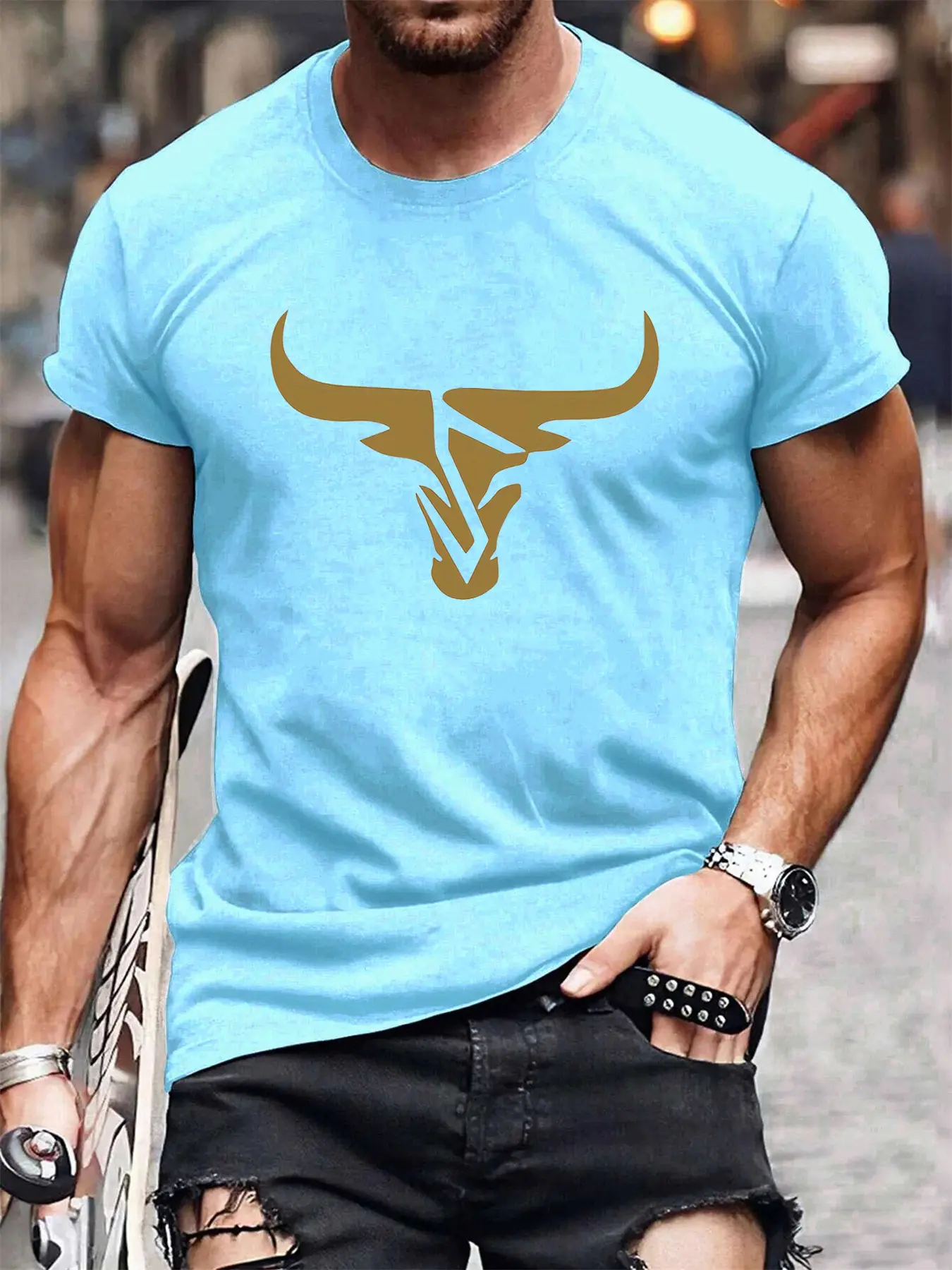 Summer men's 100% pure cotton casual loose fit plus size bull pattern printed comfortable round neck short sleeved T-shirt top