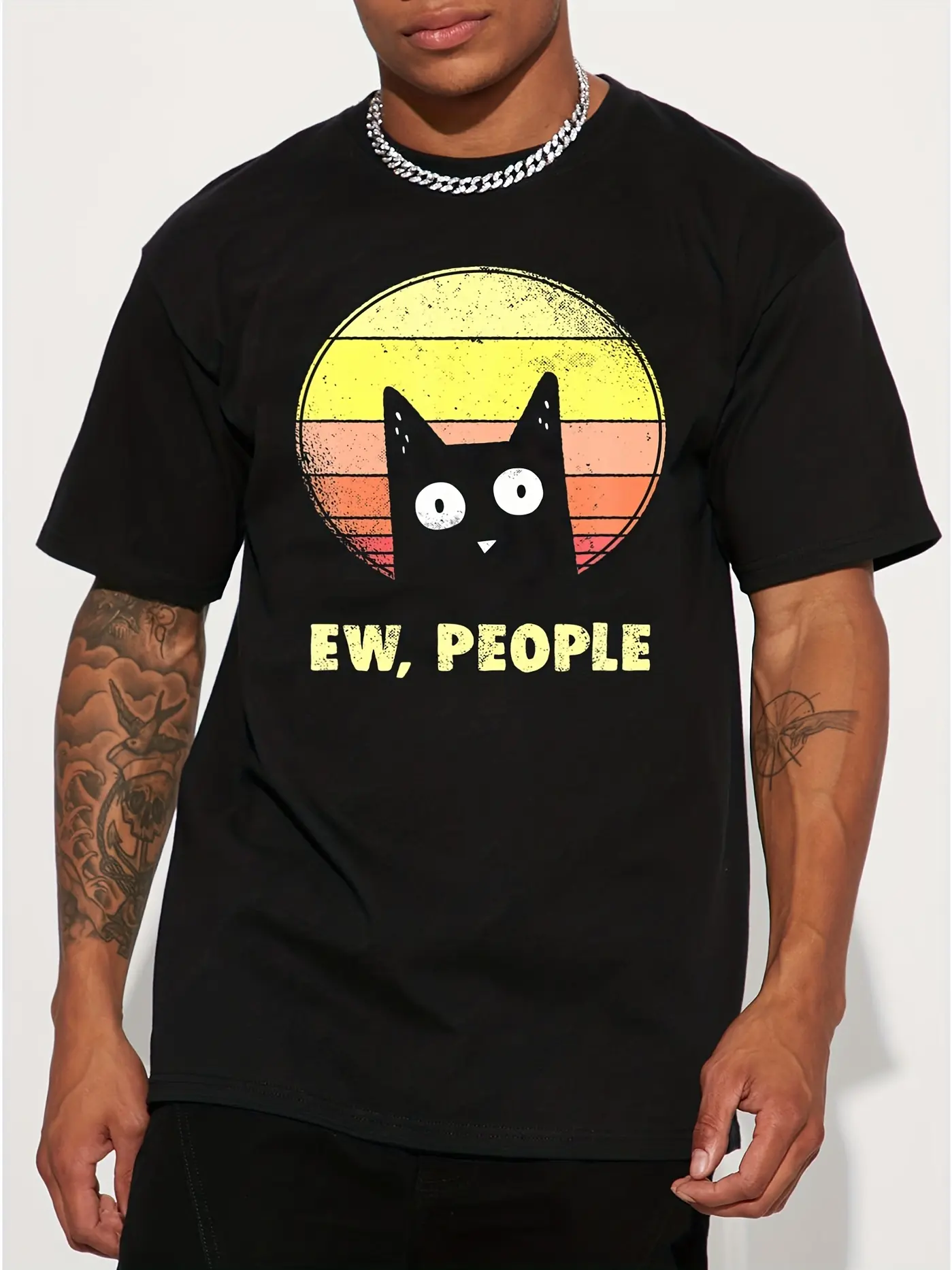 Men's summer 100% pure cotton fashionable casual loose black cat pattern printed round neck short sleeved T-shirt top