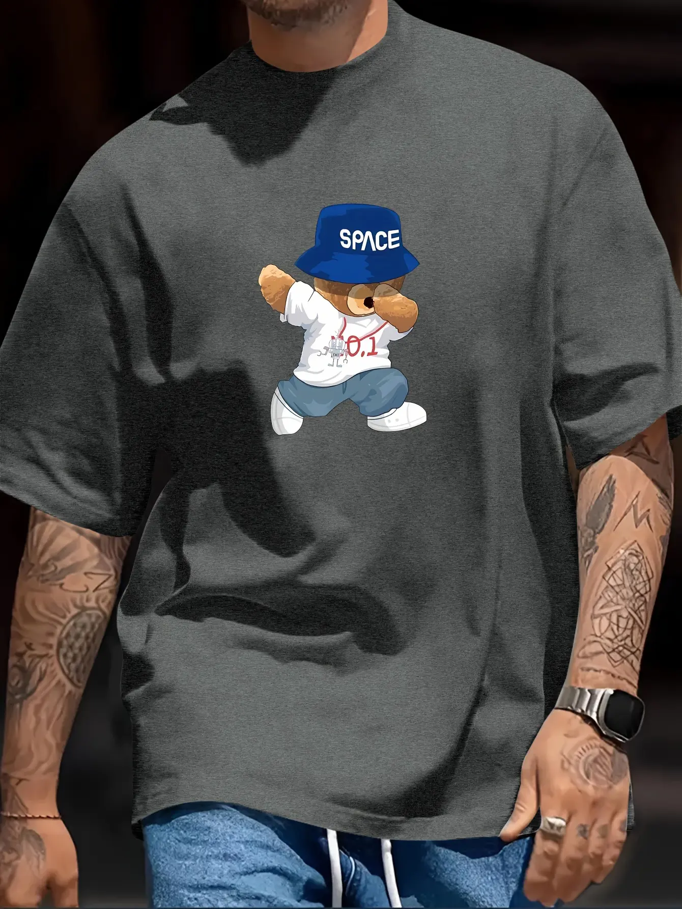 Men's summer 100% pure cotton fashionable casual loose teddy bear hip-hop funny cartoon printed round neck short sleeved T-shirt