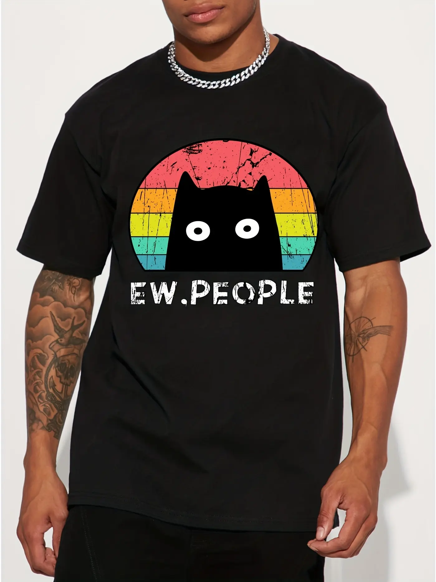 Men's summer 100% pure cotton fashionable casual loose black cat pattern printed round neck short sleeved T-shirt top