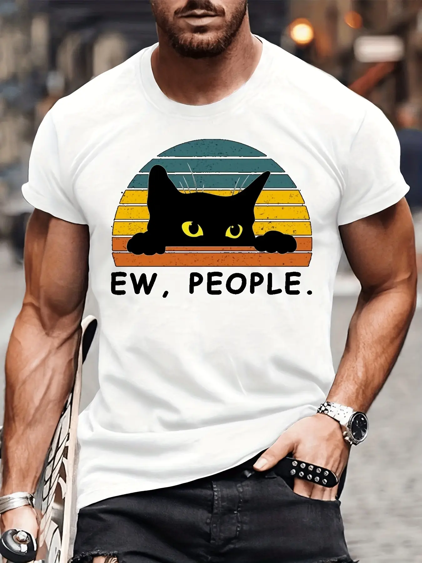 Men's summer 100% pure cotton fashionable casual loose black cat pattern printed round neck short sleeved T-shirt top