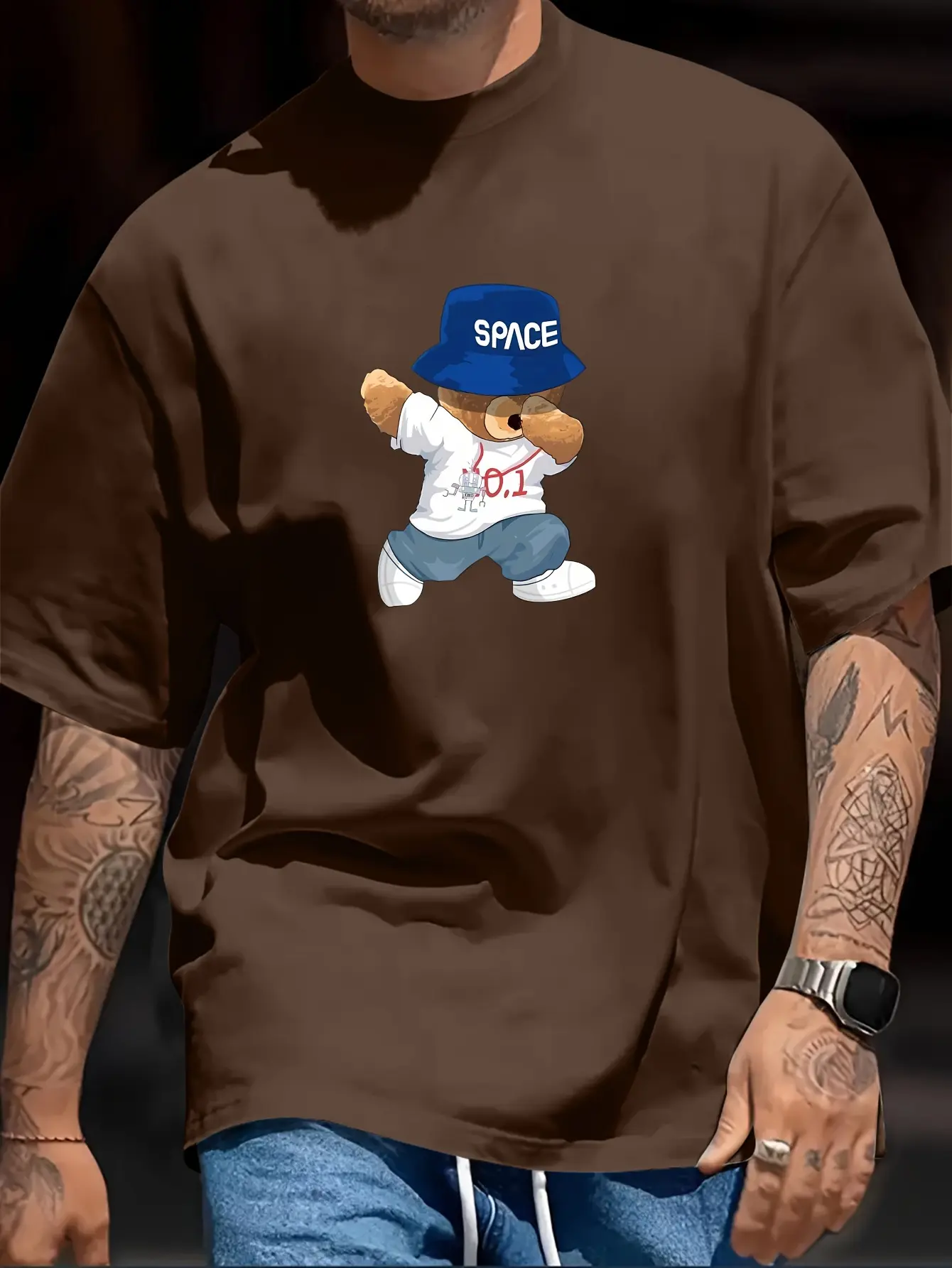 Men's summer 100% pure cotton fashionable casual loose teddy bear hip-hop funny cartoon printed round neck short sleeved T-shirt