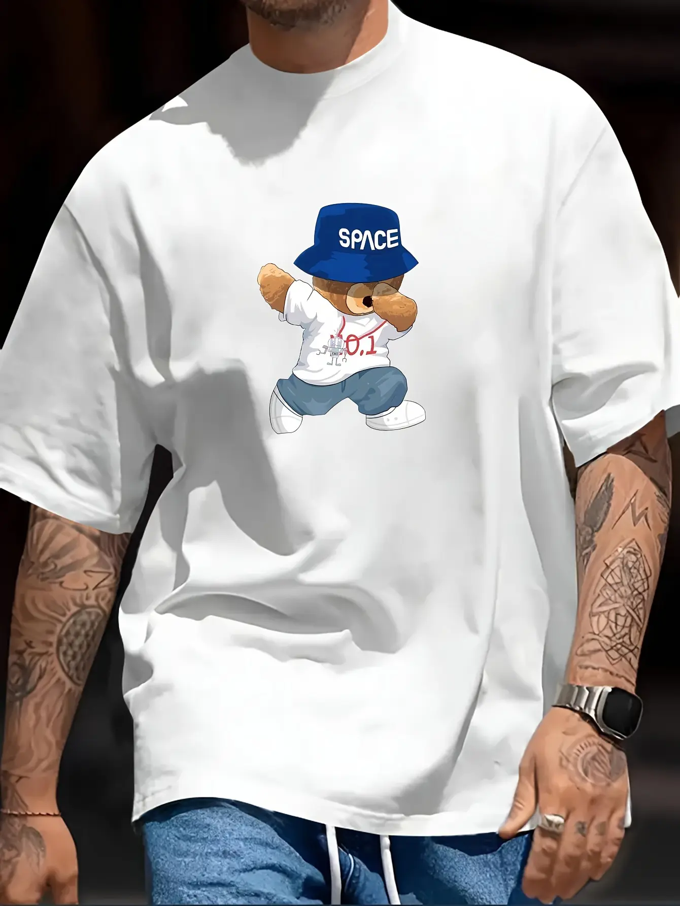 Men's summer 100% pure cotton fashionable casual loose teddy bear hip-hop funny cartoon printed round neck short sleeved T-shirt