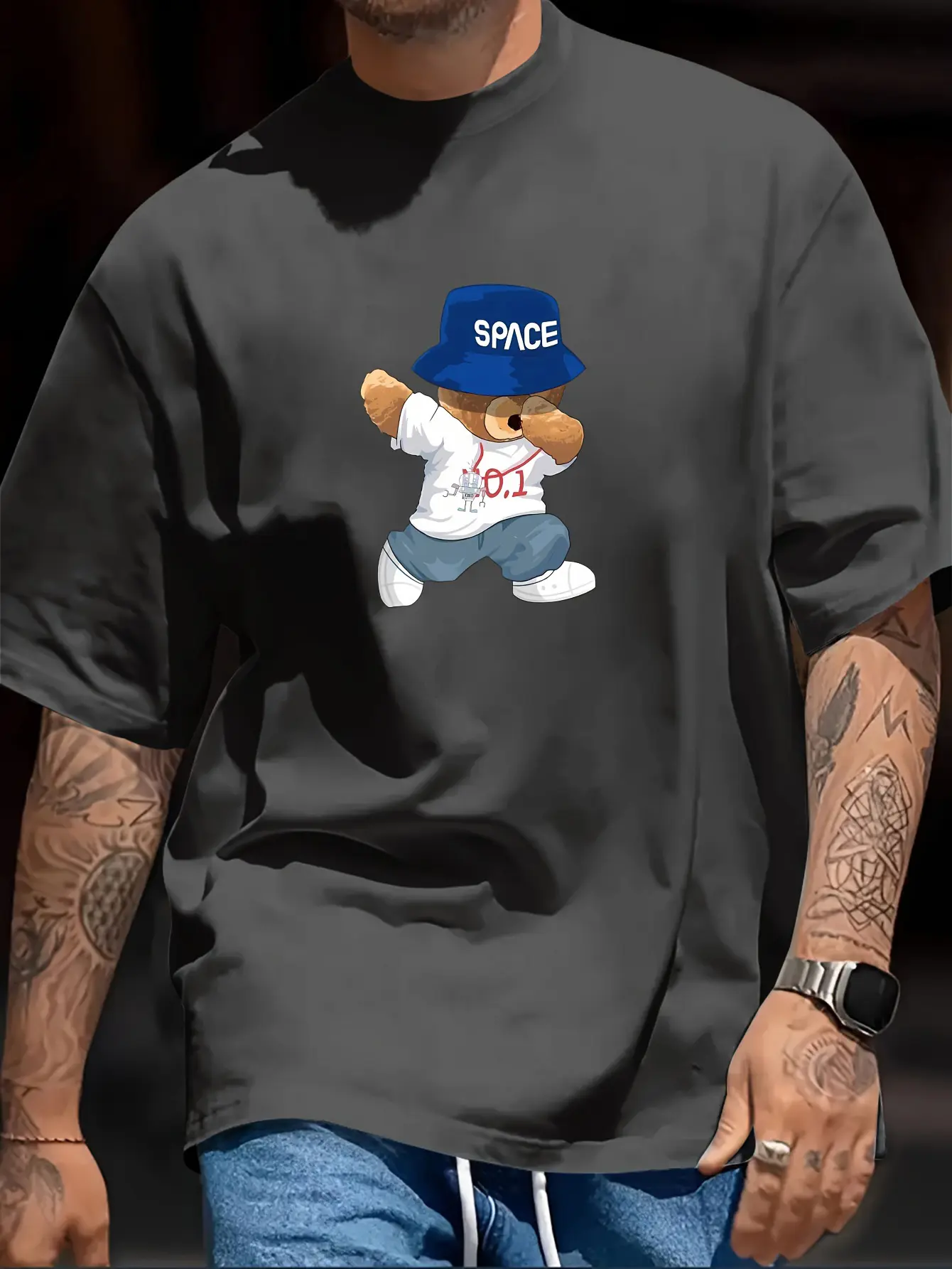 Men's summer 100% pure cotton fashionable casual loose teddy bear hip-hop funny cartoon printed round neck short sleeved T-shirt