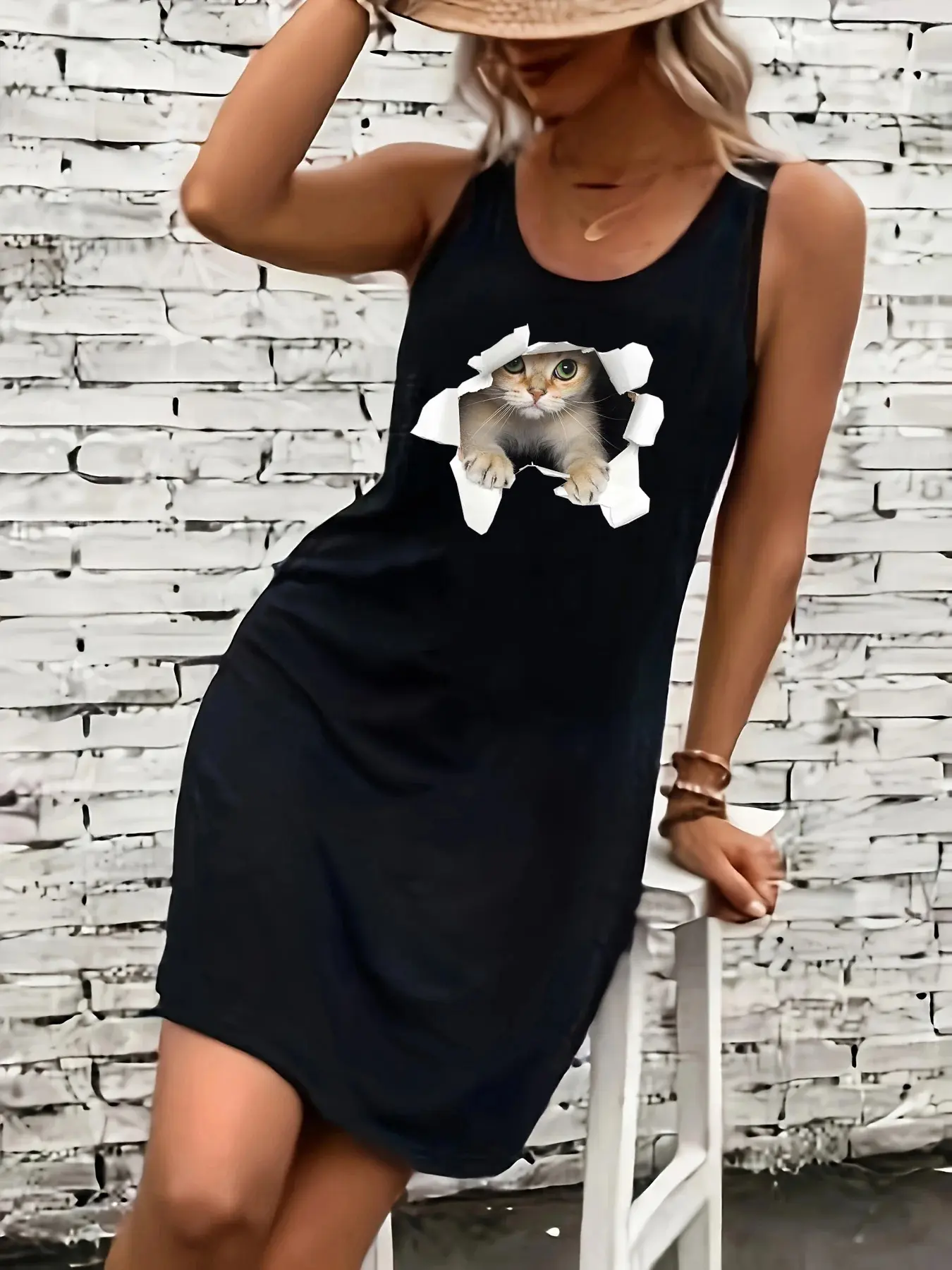 Women's summer loose, comfortable, casual, fashionable cat pattern printed black sleeveless vest skirt punk style dress