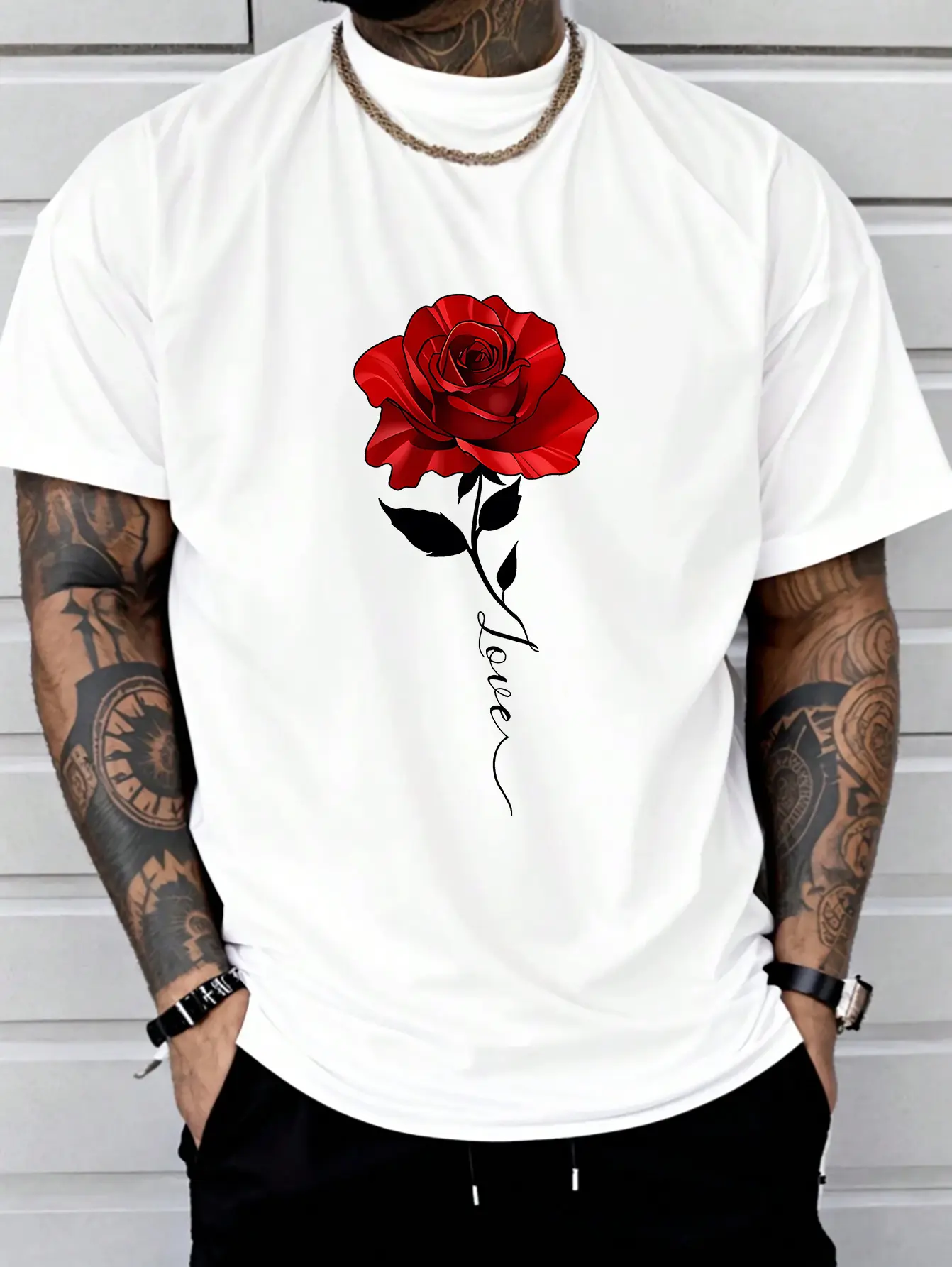 Men's Summer 100 Cotton Fashionable Casual Loose Large Rose Pattern Printed Sports Round Neck Short Sleeve T-shirt Top