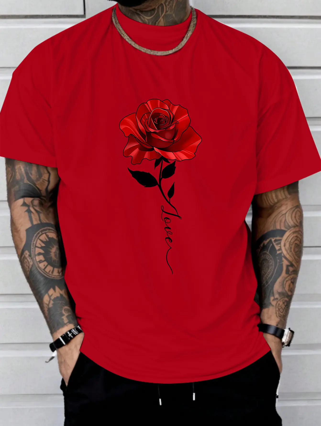 Men's Summer 100 Cotton Fashionable Casual Loose Large Rose Pattern Printed Sports Round Neck Short Sleeve T-shirt Top