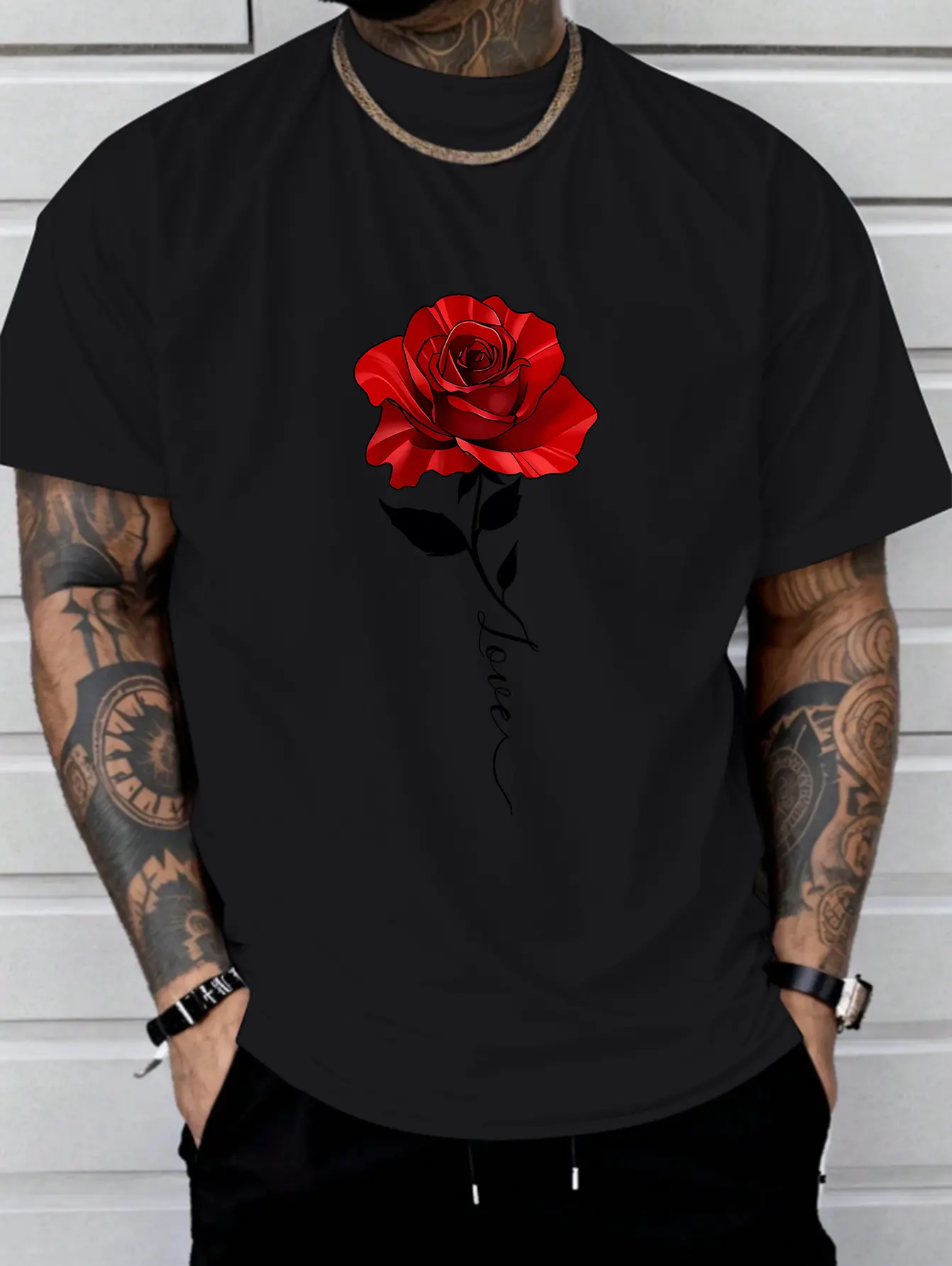 Men's Summer 100 Cotton Fashionable Casual Loose Large Rose Pattern Printed Sports Round Neck Short Sleeve T-shirt Top