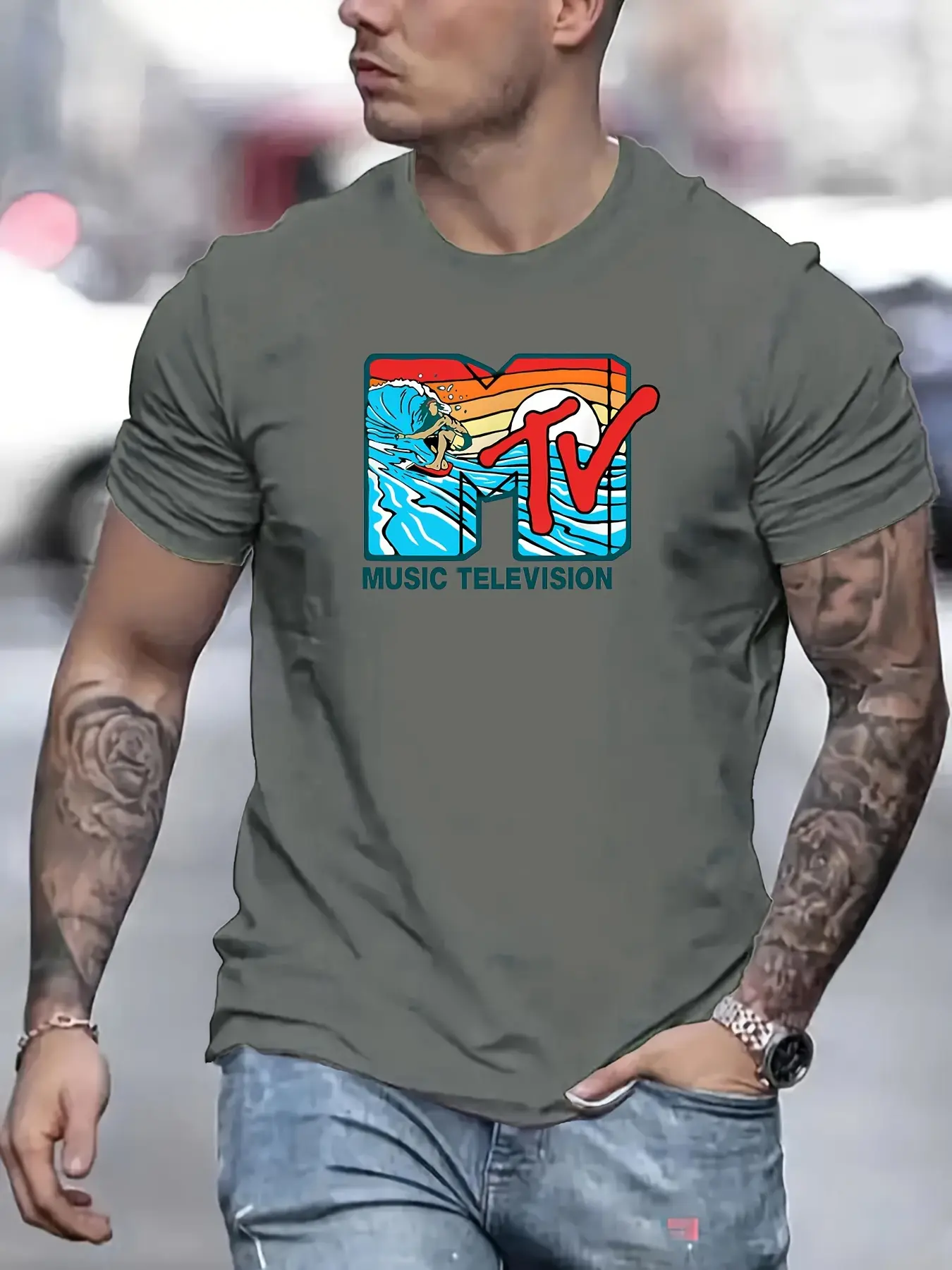 Men's summer 100% pure cotton fashionable casual sports loose MTV letter pattern print round neck short sleeved T-shirt top