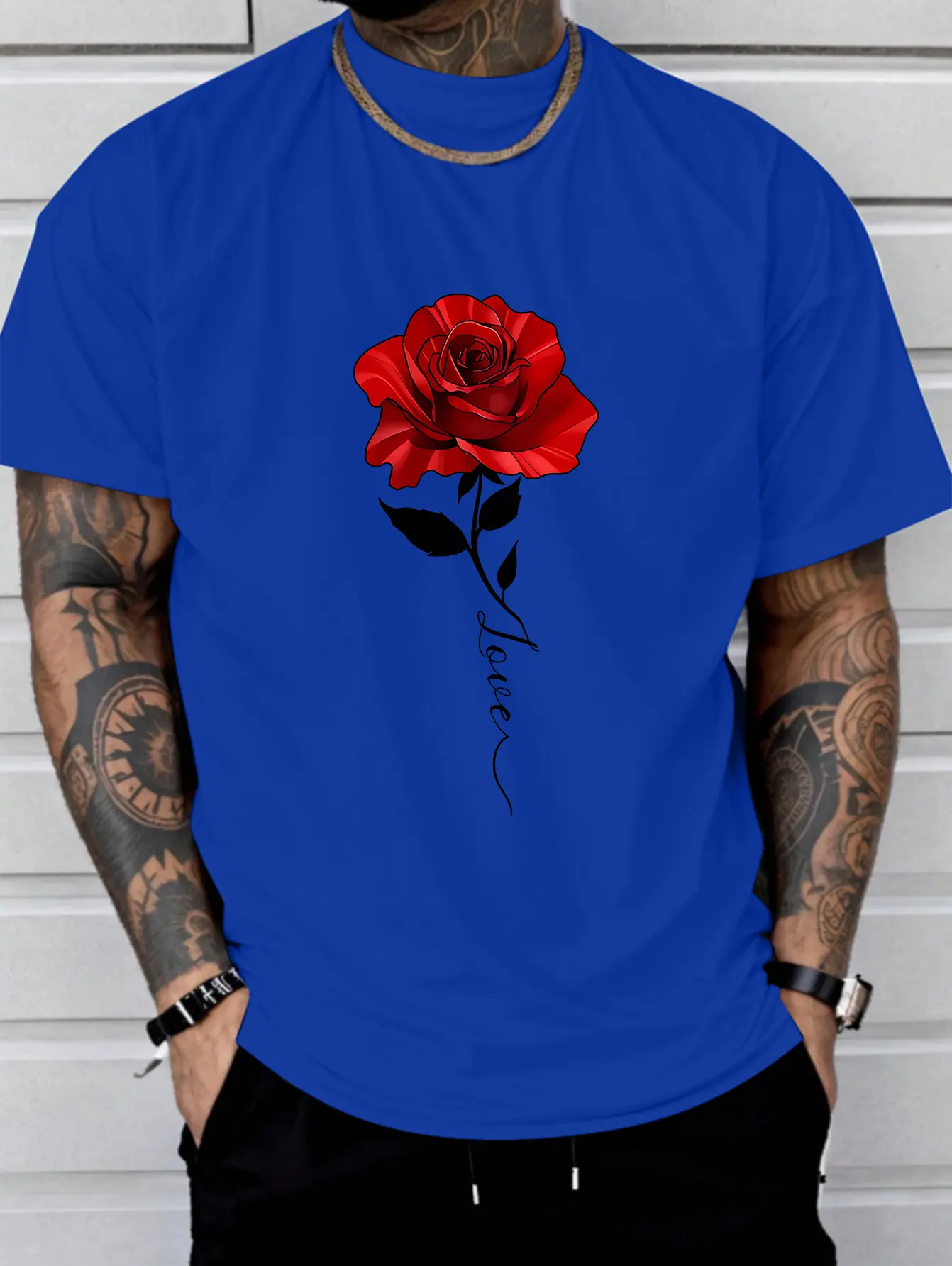 Men's Summer 100 Cotton Fashionable Casual Loose Large Rose Pattern Printed Sports Round Neck Short Sleeve T-shirt Top