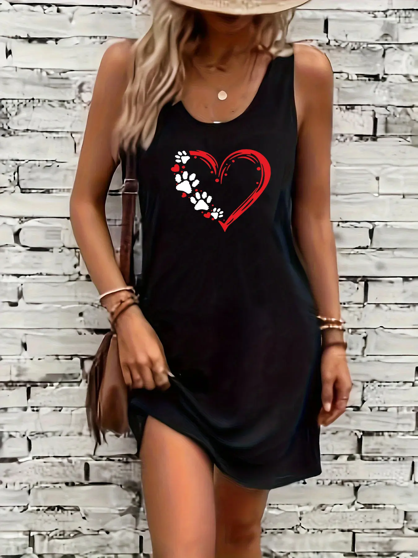 Women's summer loose and comfortable casual heart-shaped printed black sleeveless vest dress punk style dress