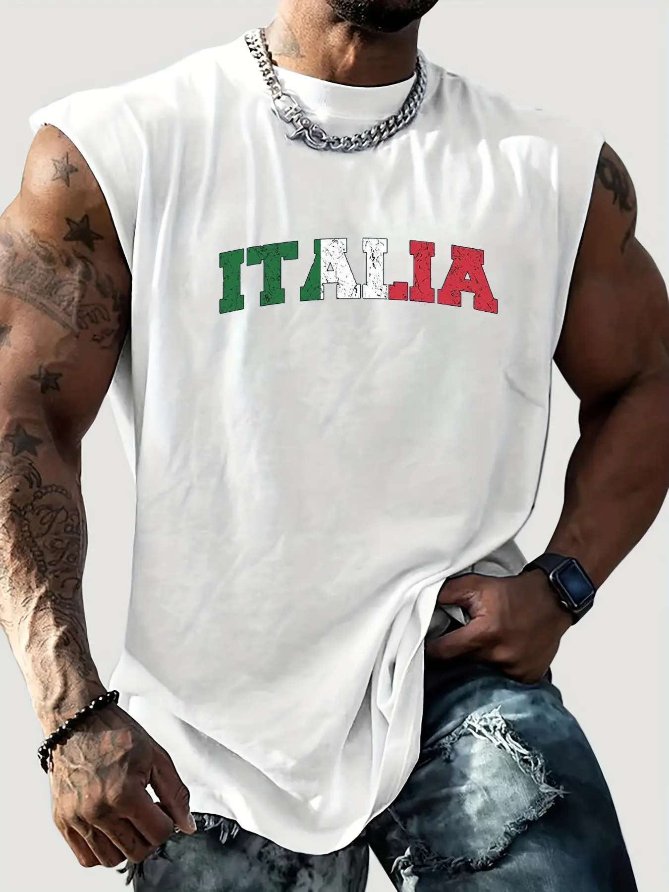 Men's Summer Leisure Sports Fitness Loose ITALIA Letter Pattern Printed Comfortable Breathable Round Neck Sleeveless Tank Top