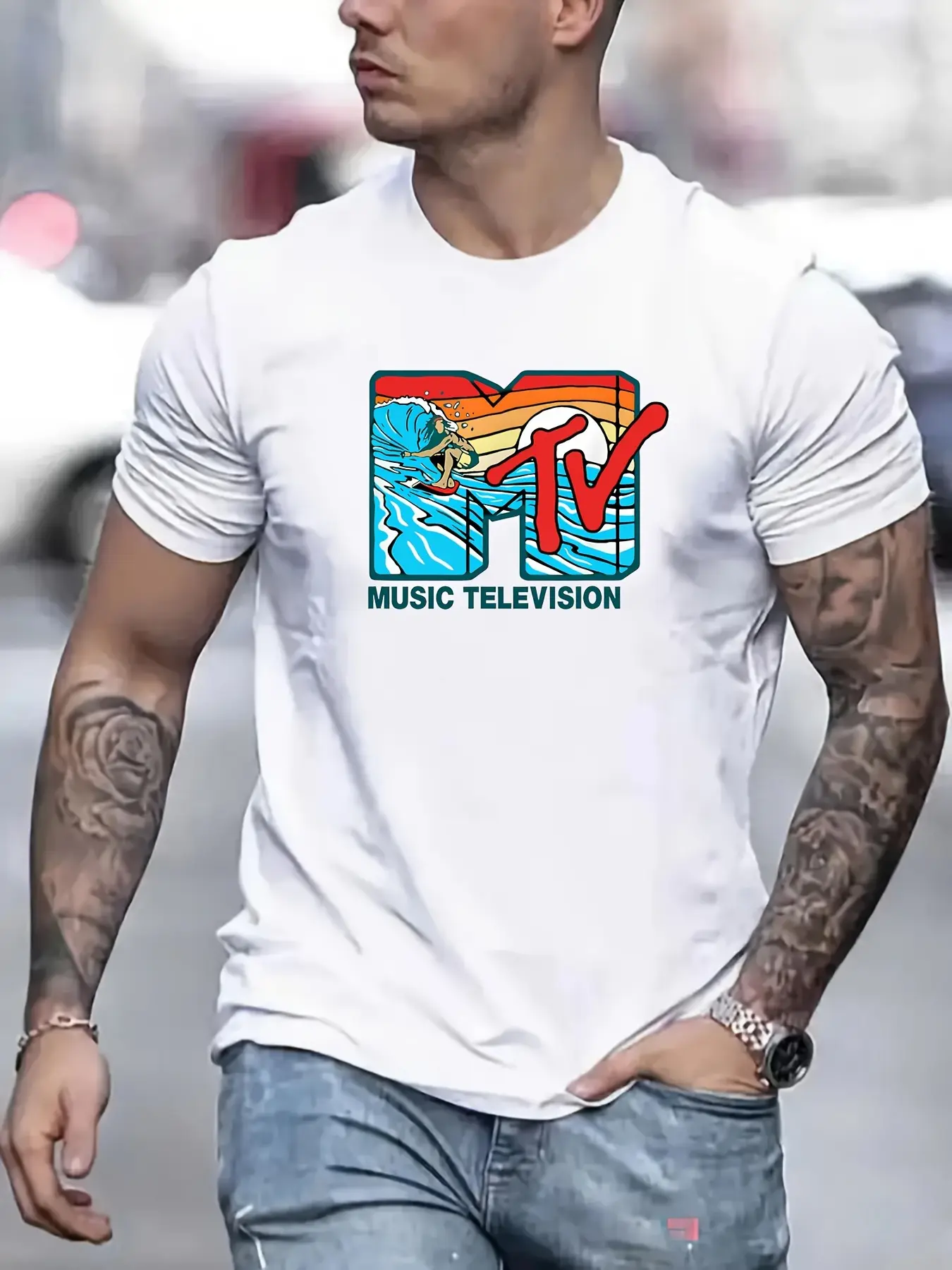 Men's summer 100% pure cotton fashionable casual sports loose MTV letter pattern print round neck short sleeved T-shirt top
