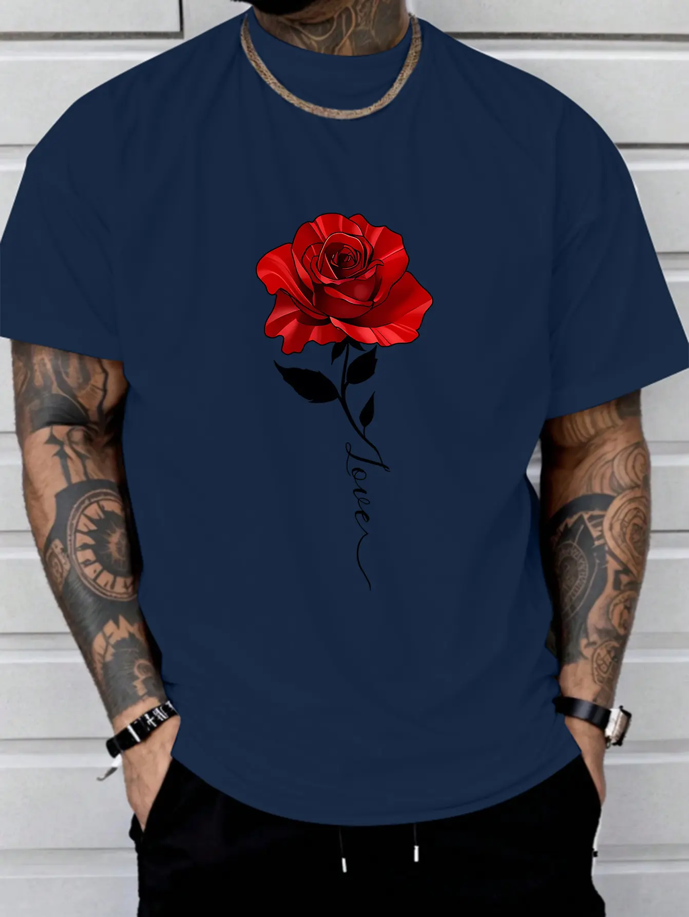 Men's Summer 100 Cotton Fashionable Casual Loose Large Rose Pattern Printed Sports Round Neck Short Sleeve T-shirt Top