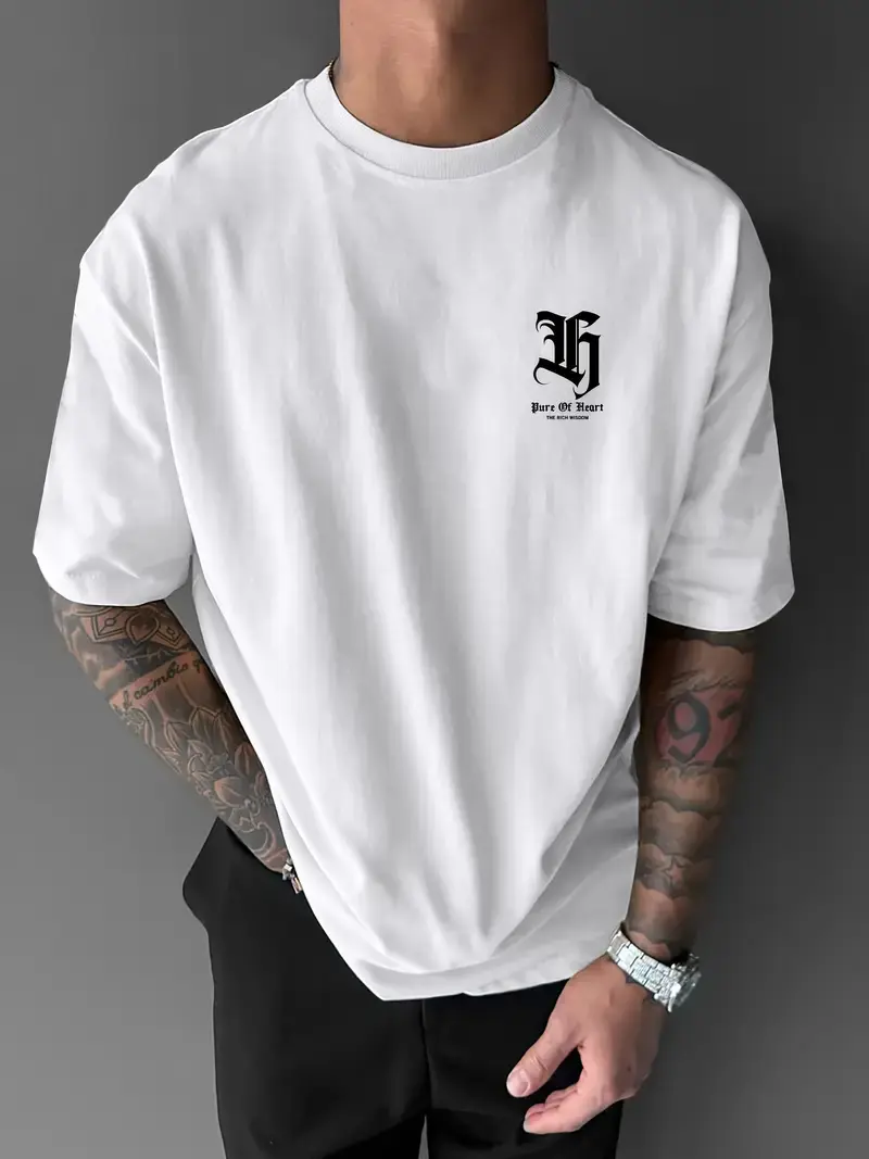 Men's summer 100% pure cotton fashionable casual sports loose angel pattern letter print round neck short sleeved T-shirt top