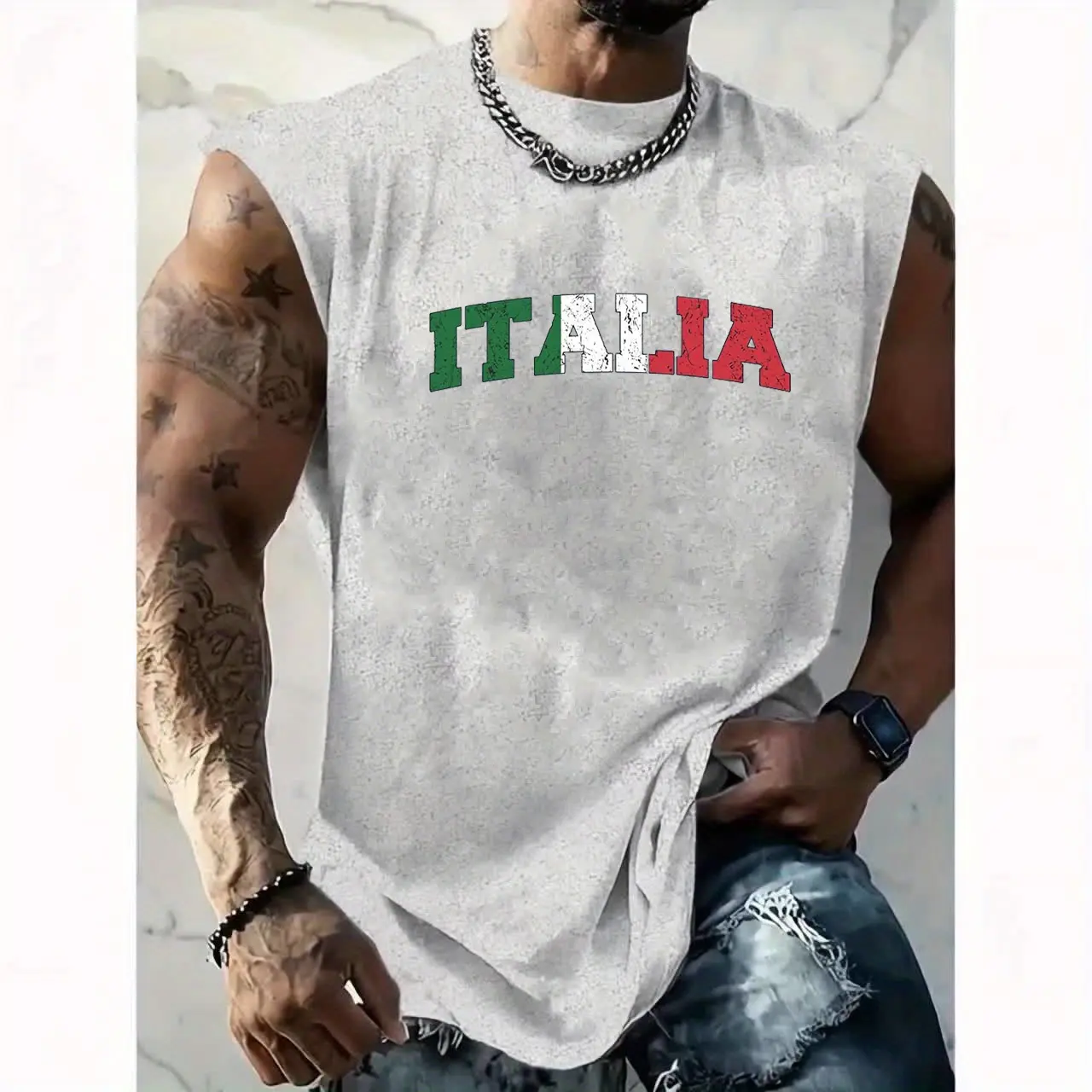 Men's Summer Leisure Sports Fitness Loose ITALIA Letter Pattern Printed Comfortable Breathable Round Neck Sleeveless Tank Top