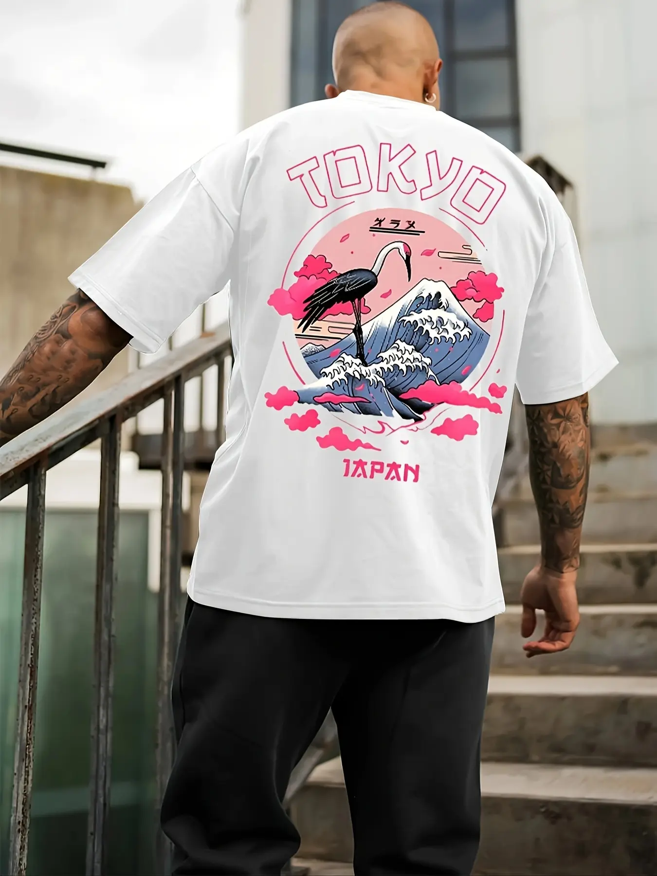 Men's Summer 100% Cotton Fashionable Casual Loose Tokyo Casual Pattern Printed Round Neck Short Sleeve T-shirt Top