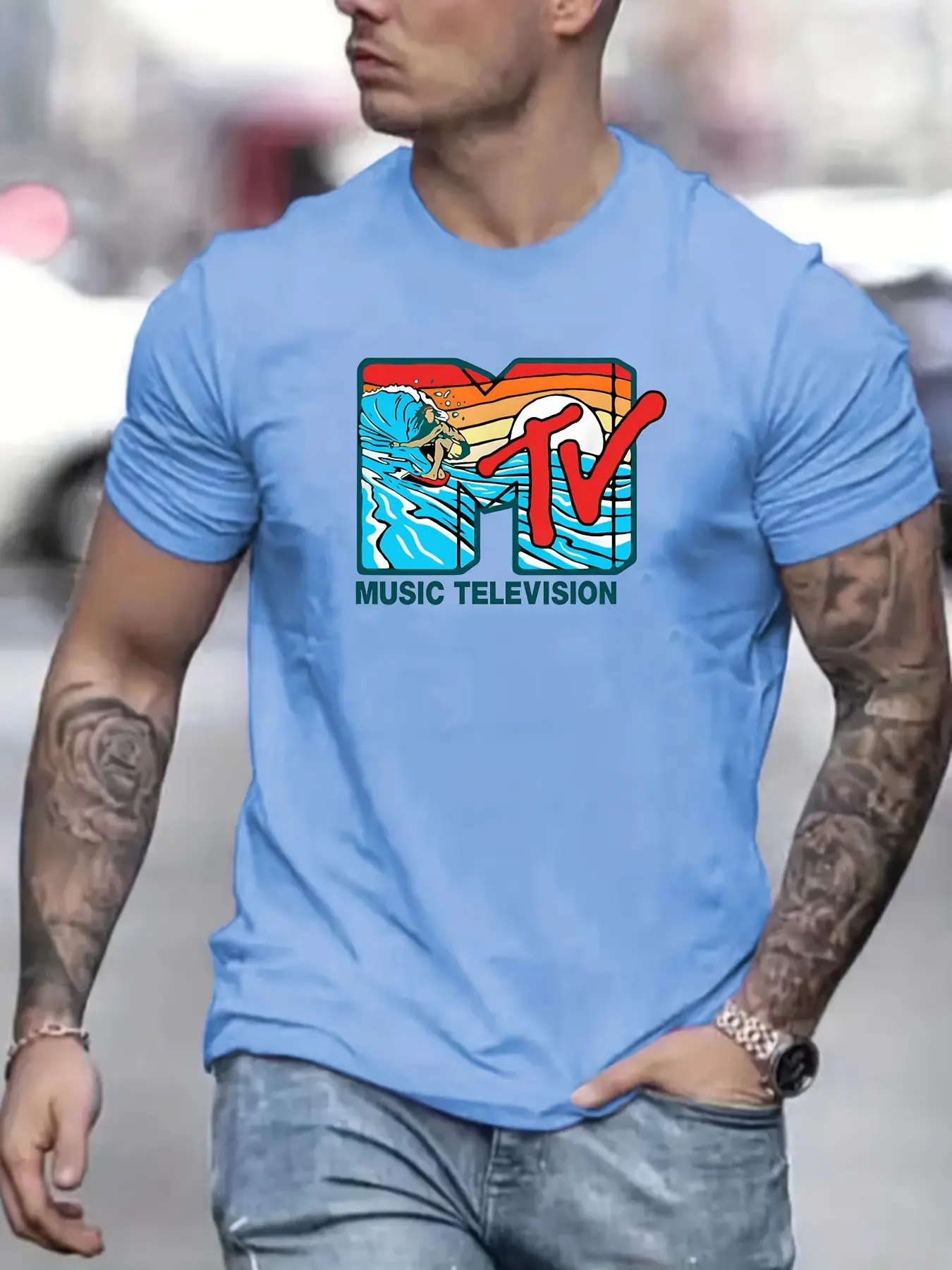 Men's summer 100% pure cotton fashionable casual sports loose MTV letter pattern print round neck short sleeved T-shirt top