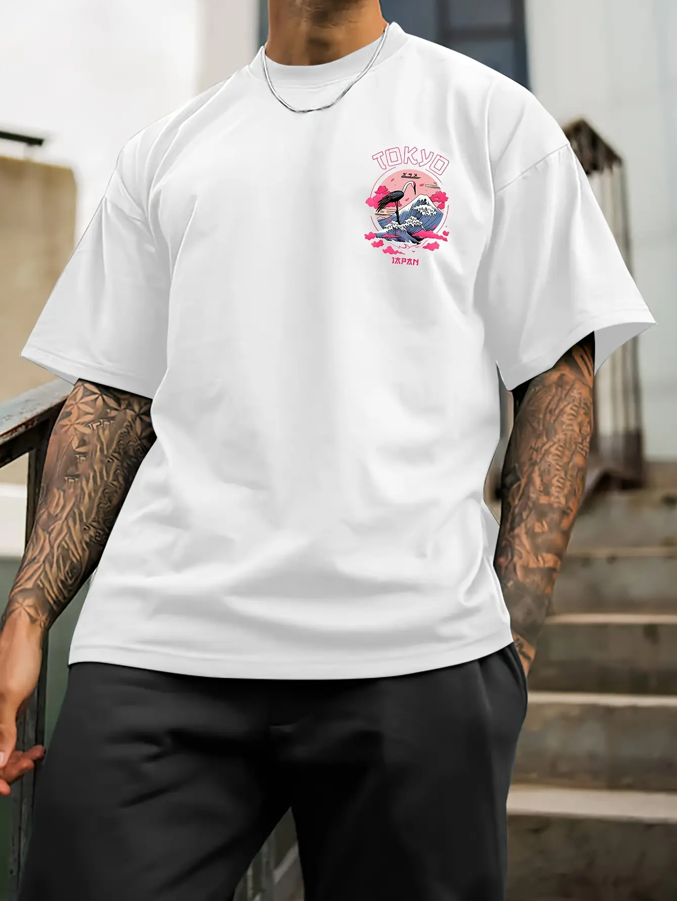 Men's Summer 100% Cotton Fashionable Casual Loose Tokyo Casual Pattern Printed Round Neck Short Sleeve T-shirt Top