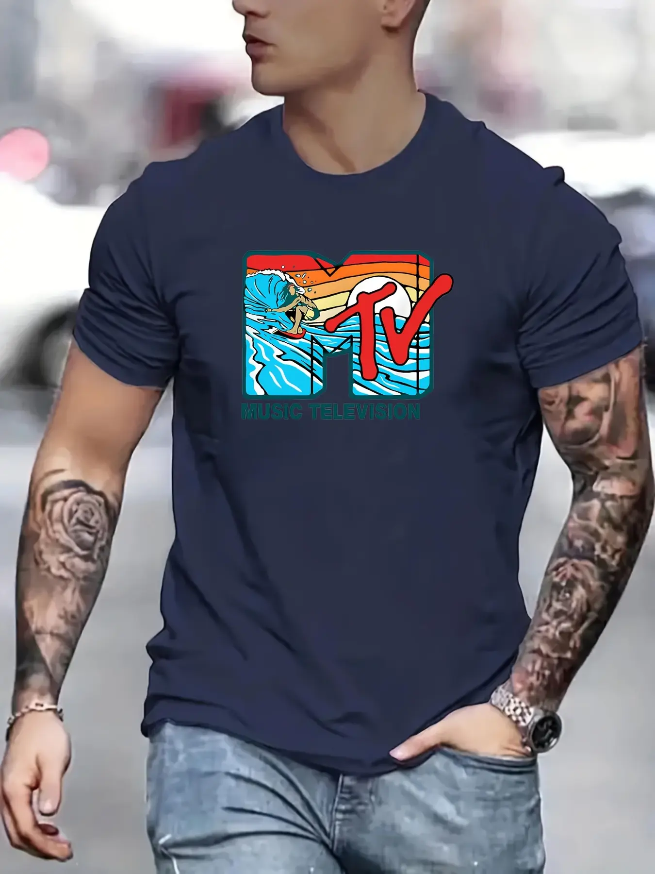 Men's summer 100% pure cotton fashionable casual sports loose MTV letter pattern print round neck short sleeved T-shirt top
