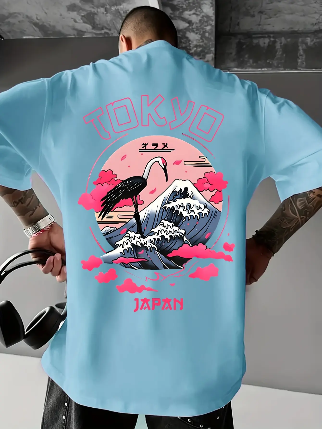 Men's Summer 100% Cotton Fashionable Casual Loose Tokyo Casual Pattern Printed Round Neck Short Sleeve T-shirt Top