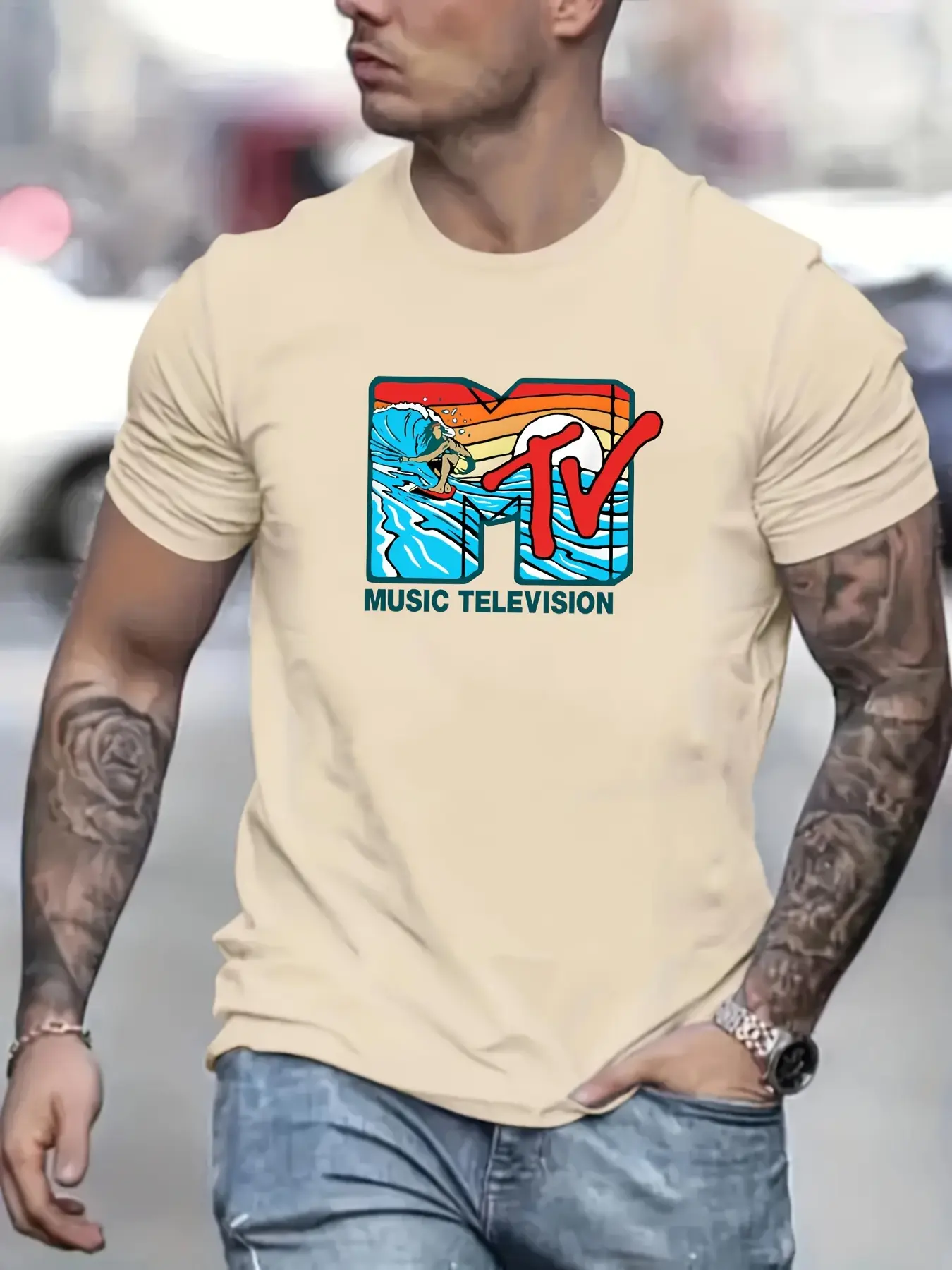 Men's summer 100% pure cotton fashionable casual sports loose MTV letter pattern print round neck short sleeved T-shirt top