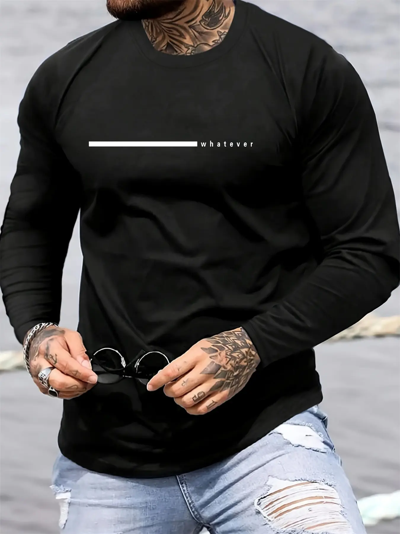 Men's 100% pure cotton loose and comfortable casual sports plus size whatever, letter printed round neck long sleeved T-shirt