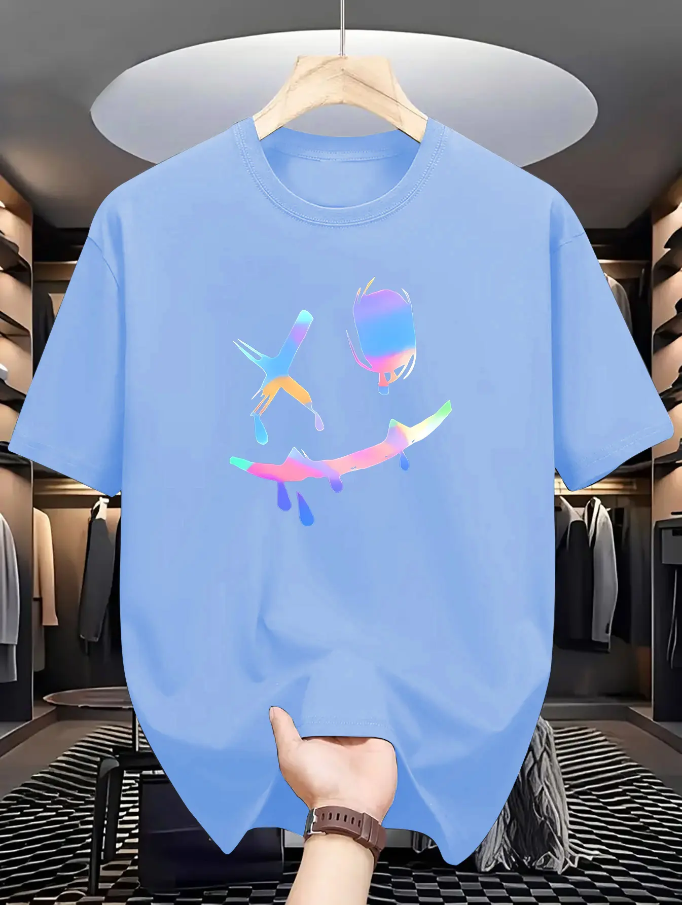 Men's summer 100% pure cotton fashionable casual sports loose smiling face pattern printed round neck short sleeved T-shirt top