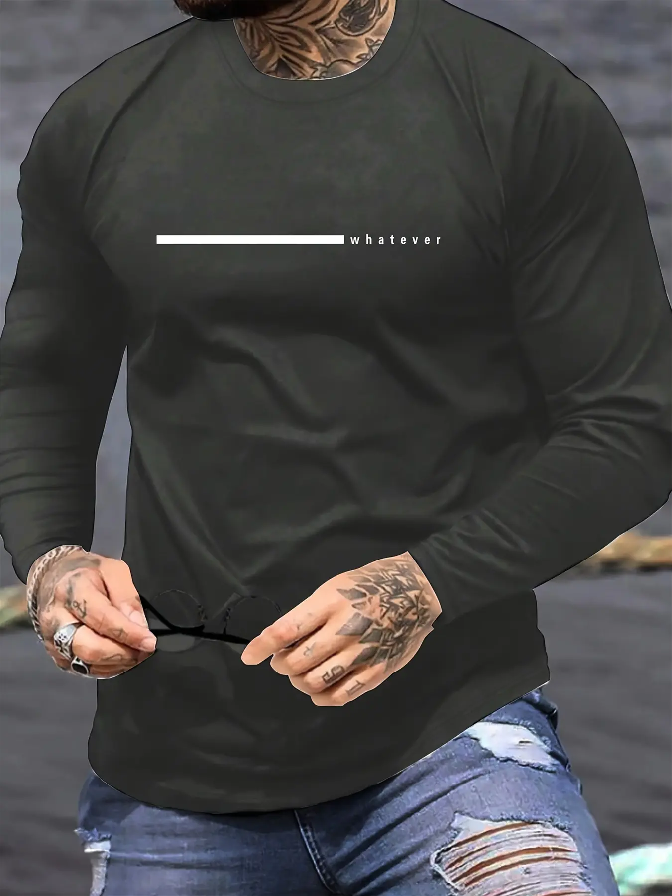 Men's 100% pure cotton loose and comfortable casual sports plus size whatever, letter printed round neck long sleeved T-shirt