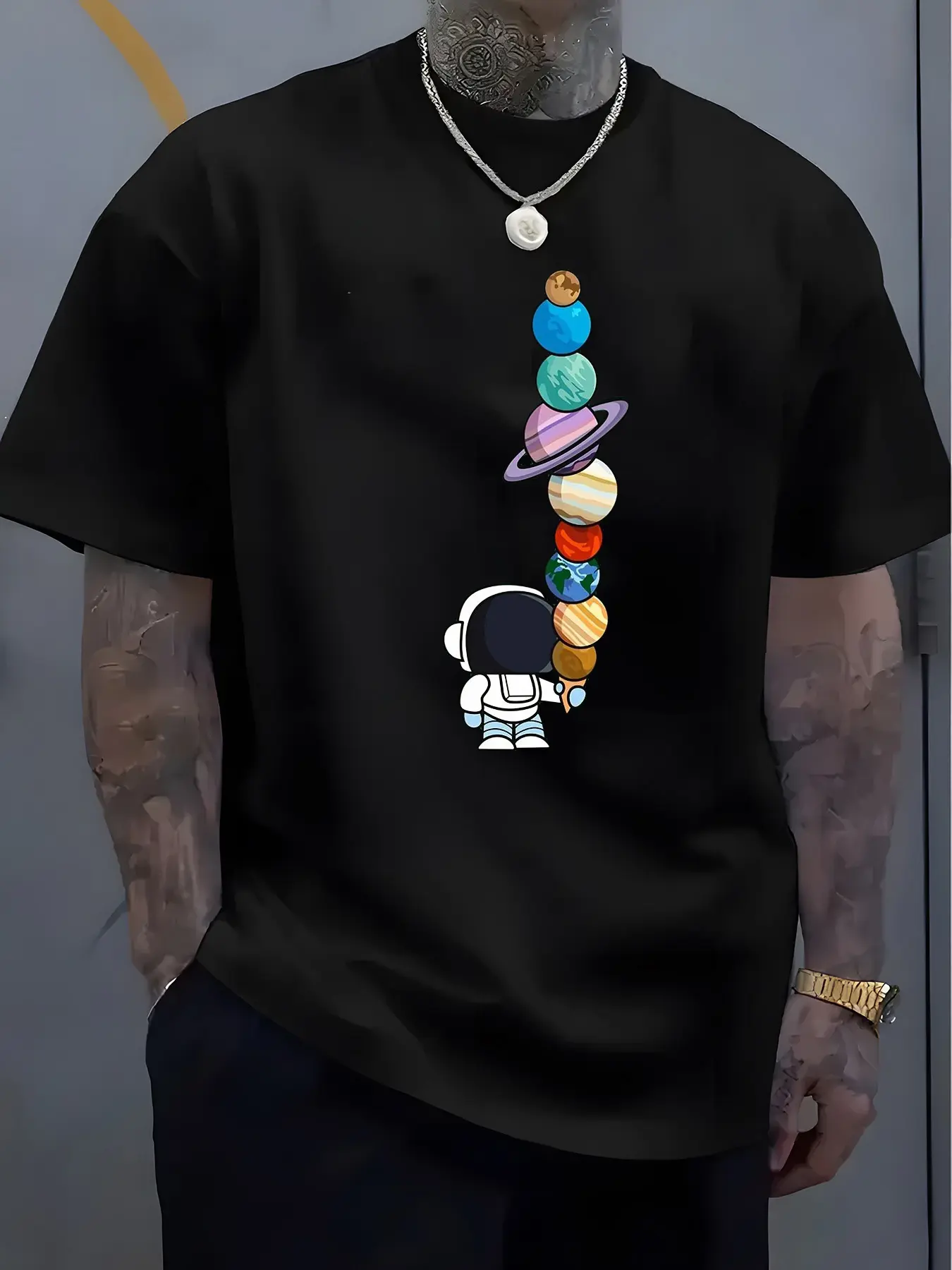 Men's Summer 100% Cotton Fashionable Casual Loose Polyester Astronaut Planet Pattern Printed Round Neck Short Sleeve T-shirt Top