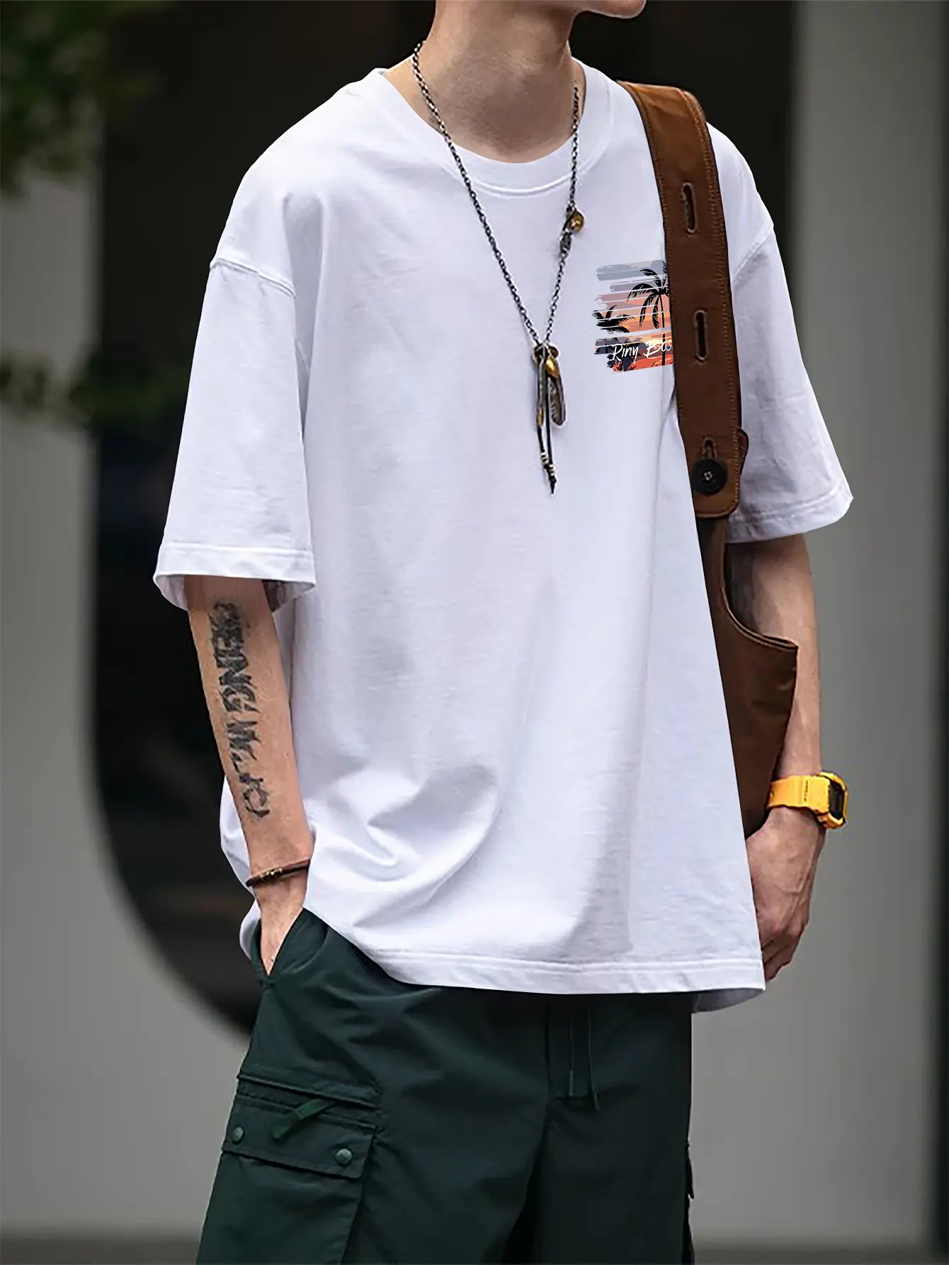 Men's Summer 100% Cotton Fashionable Casual Loose Summer Atmosphere Palm Tree Printed Round Neck Short Sleeve T-shirt Top