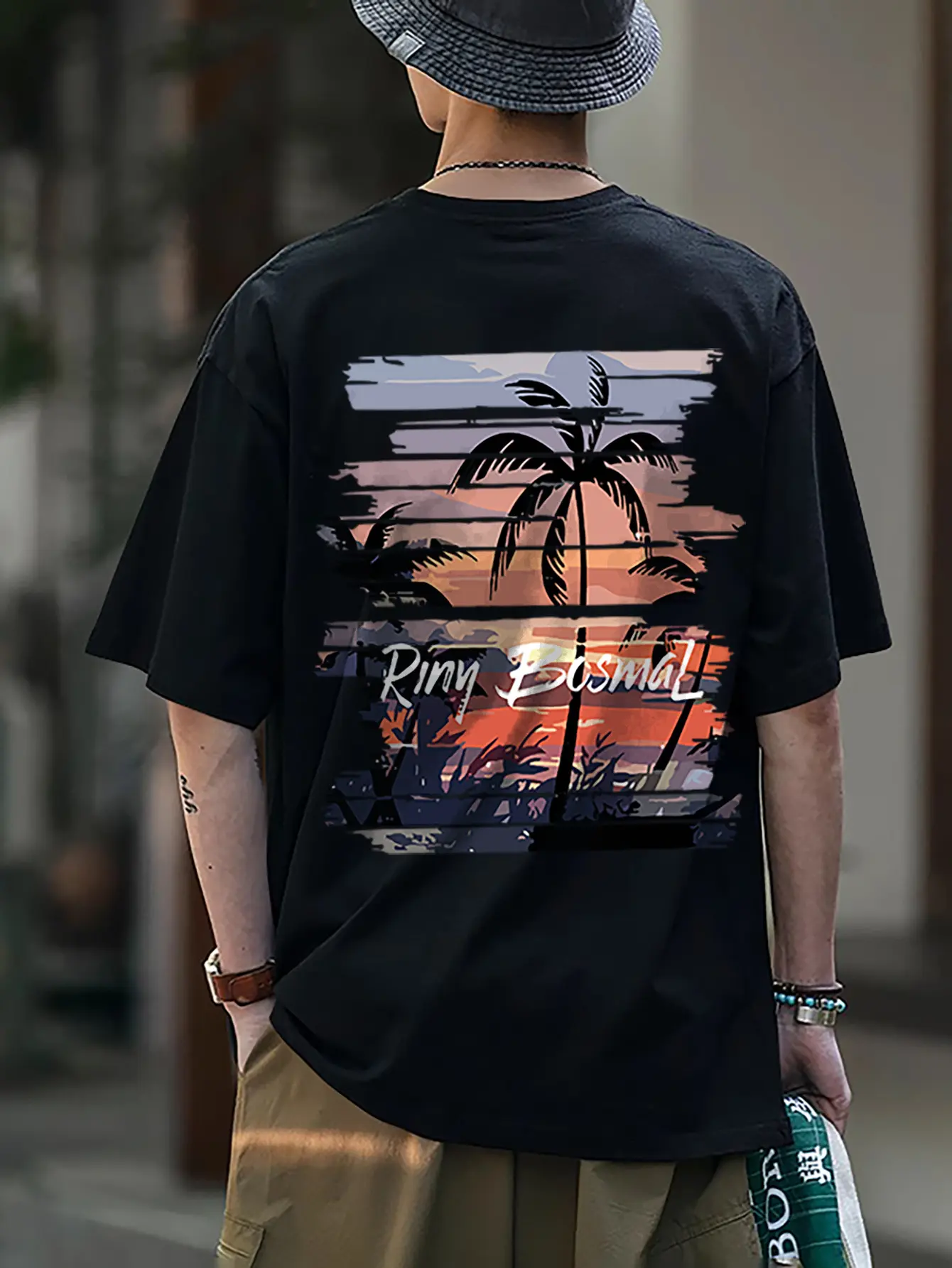 Men's Summer 100% Cotton Fashionable Casual Loose Summer Atmosphere Palm Tree Printed Round Neck Short Sleeve T-shirt Top