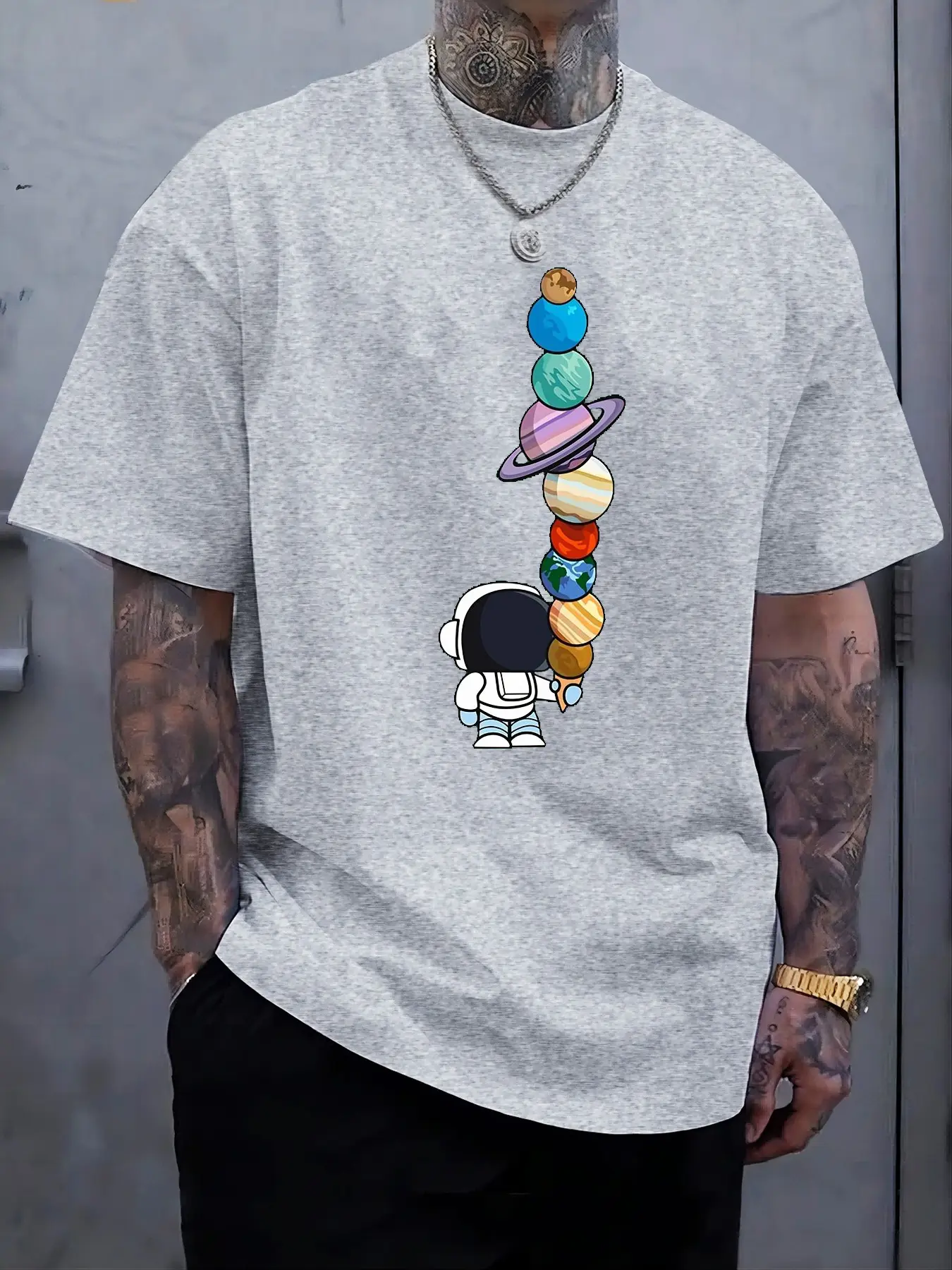 Men's Summer 100% Cotton Fashionable Casual Loose Polyester Astronaut Planet Pattern Printed Round Neck Short Sleeve T-shirt Top