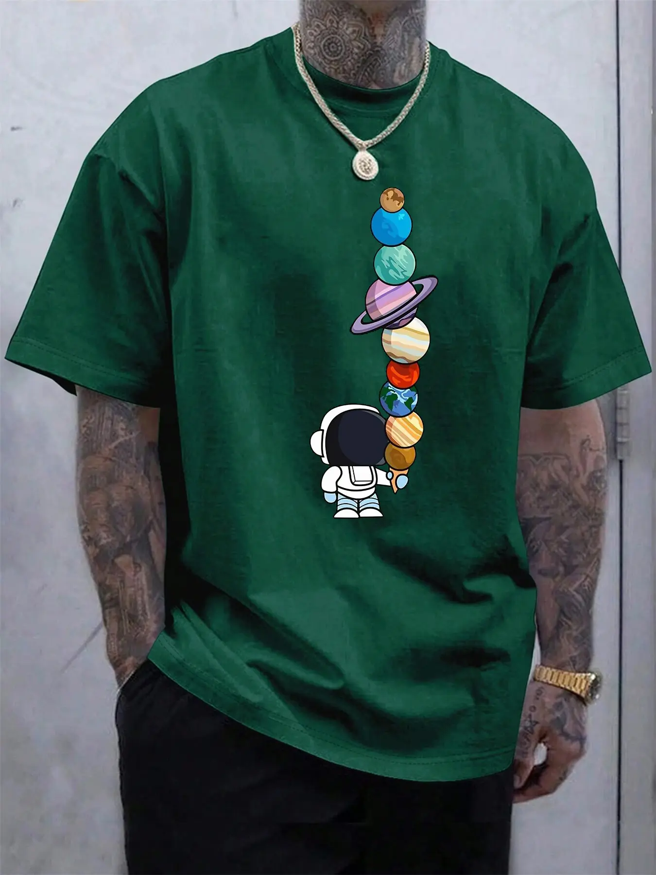 Men's Summer 100% Cotton Fashionable Casual Loose Polyester Astronaut Planet Pattern Printed Round Neck Short Sleeve T-shirt Top