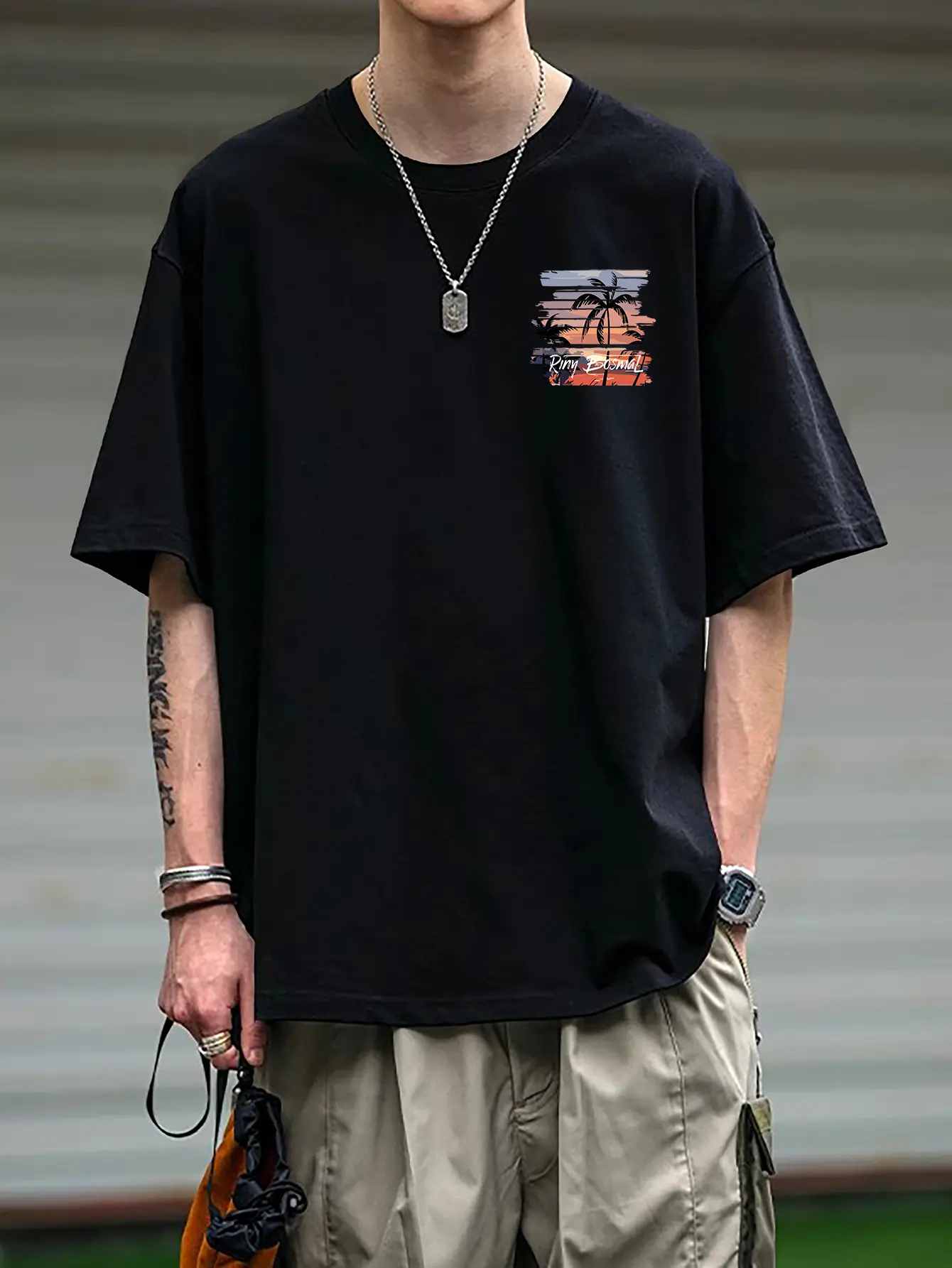 Men's Summer 100% Cotton Fashionable Casual Loose Summer Atmosphere Palm Tree Printed Round Neck Short Sleeve T-shirt Top