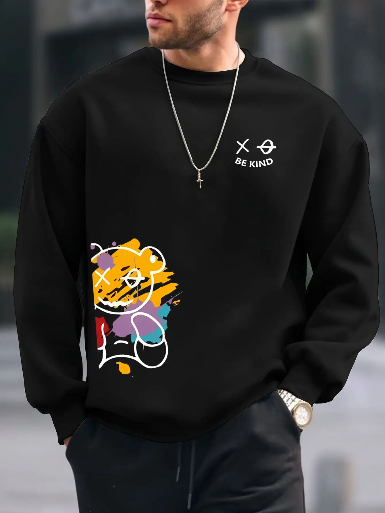 Men's autumn and winter fashionable casual loose BE KING bear cartoon printed fleece pullover round neck long sleeved sweatshirt