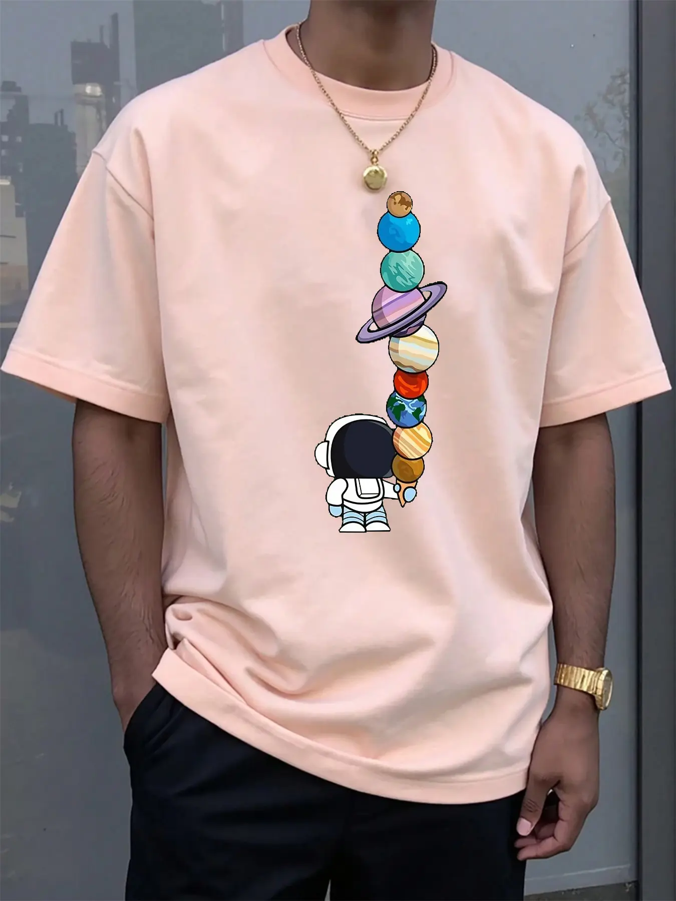 Men's Summer 100% Cotton Fashionable Casual Loose Polyester Astronaut Planet Pattern Printed Round Neck Short Sleeve T-shirt Top