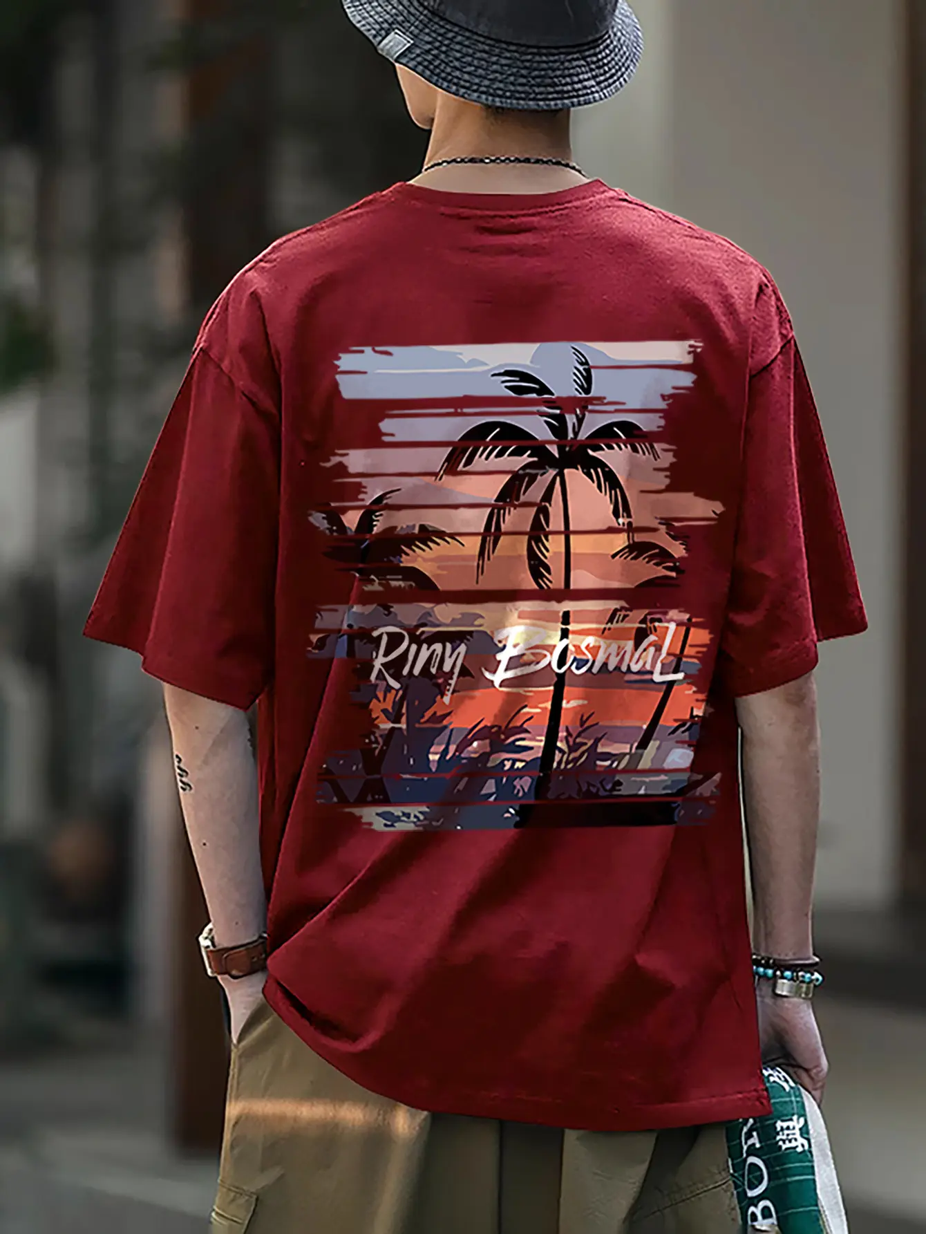 Men's Summer 100% Cotton Fashionable Casual Loose Summer Atmosphere Palm Tree Printed Round Neck Short Sleeve T-shirt Top