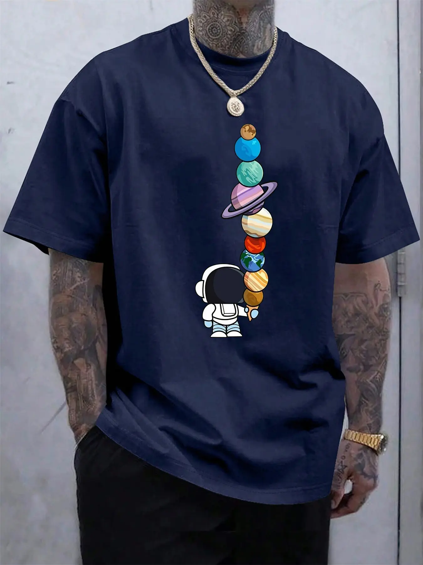 Men's Summer 100% Cotton Fashionable Casual Loose Polyester Astronaut Planet Pattern Printed Round Neck Short Sleeve T-shirt Top
