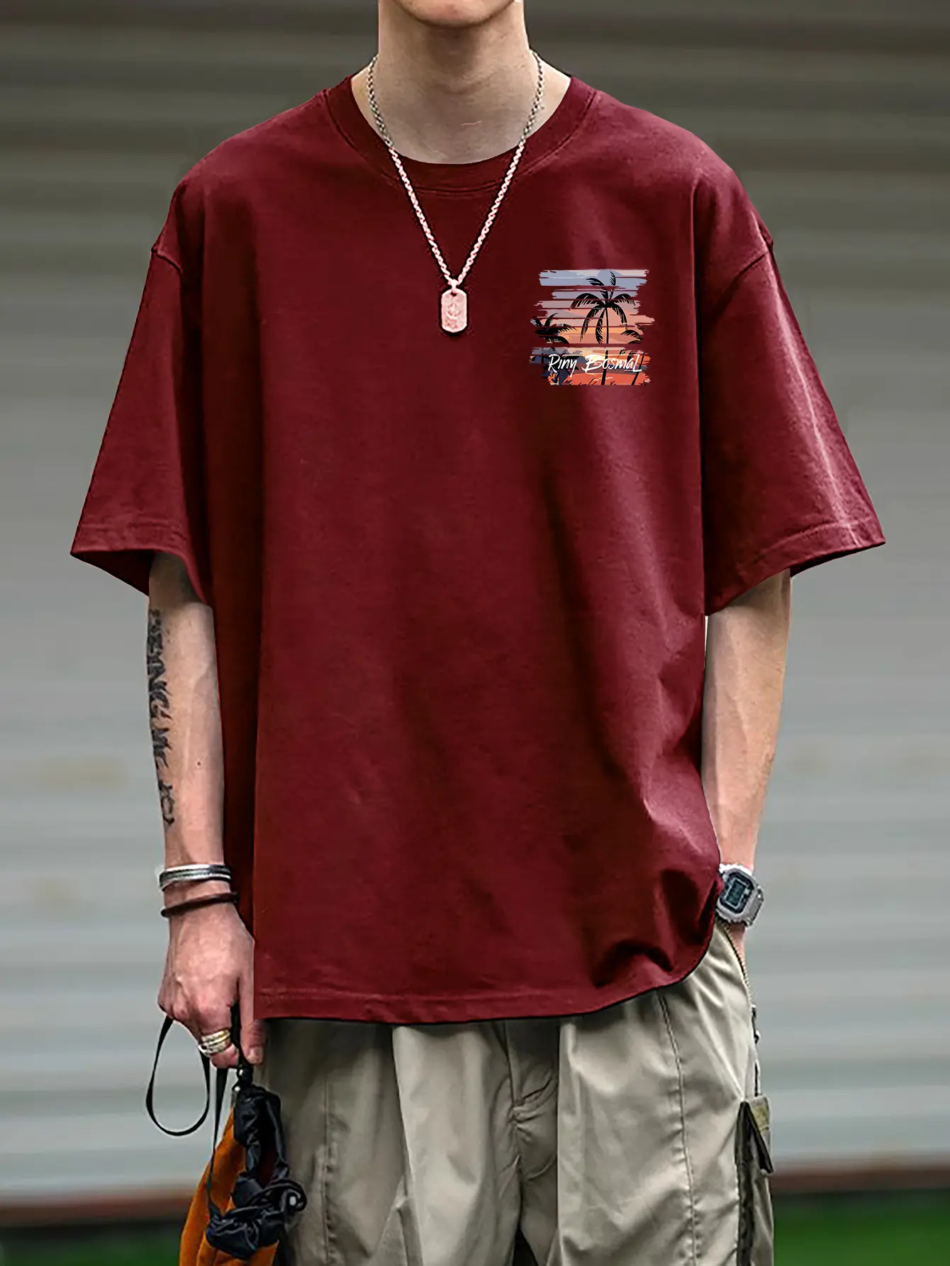 Men's Summer 100% Cotton Fashionable Casual Loose Summer Atmosphere Palm Tree Printed Round Neck Short Sleeve T-shirt Top