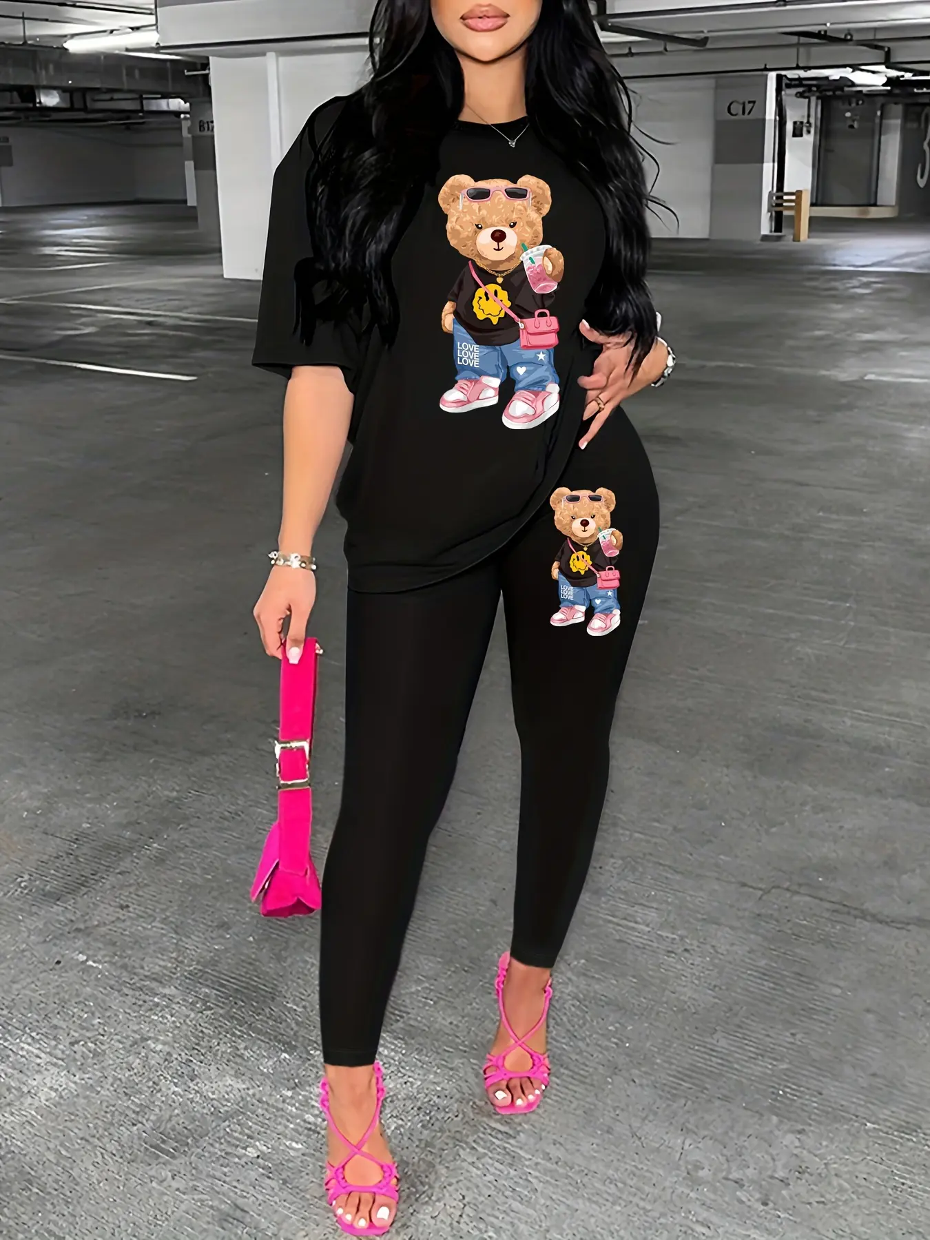 Women's Teddy Bear printed round neck short sleeved T-shirt+leggings two-piece high street unisex plus plus loose fit